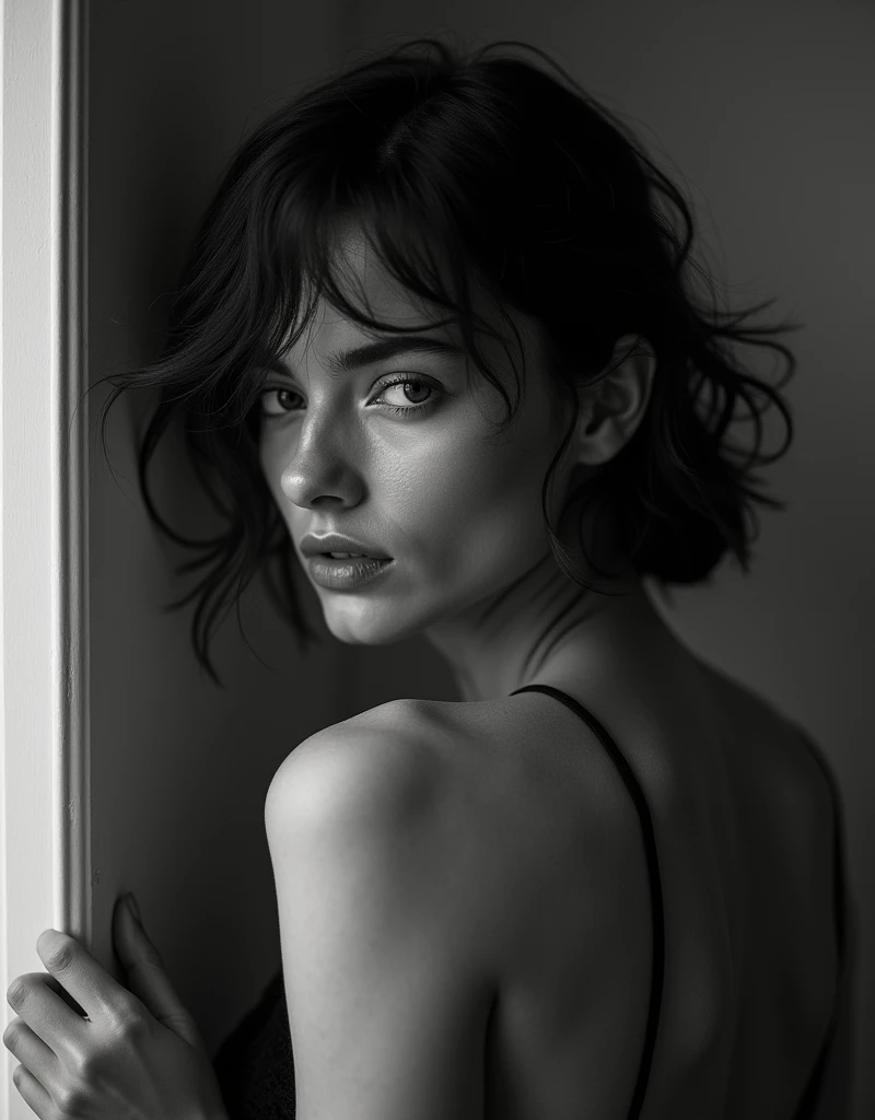 woman bathed in soft light, leaning against a wall, looking into the camera in a moment of raw emotion. Her attire is minimal, accentuating her beauty with the dramatic shadows cast by the lighting. The background is stark, with sharp contrasts highlighting the contours of her form. The red and black palette intensifies the mood, evoking a sense of mystery and allure. Subtle film grain and meticulous shading add depth and texture, emphasizing the emotional gravity of the scene. The lighting creates a chiaroscuro effect, accentuating her expressive pose and the intense atmosphere.