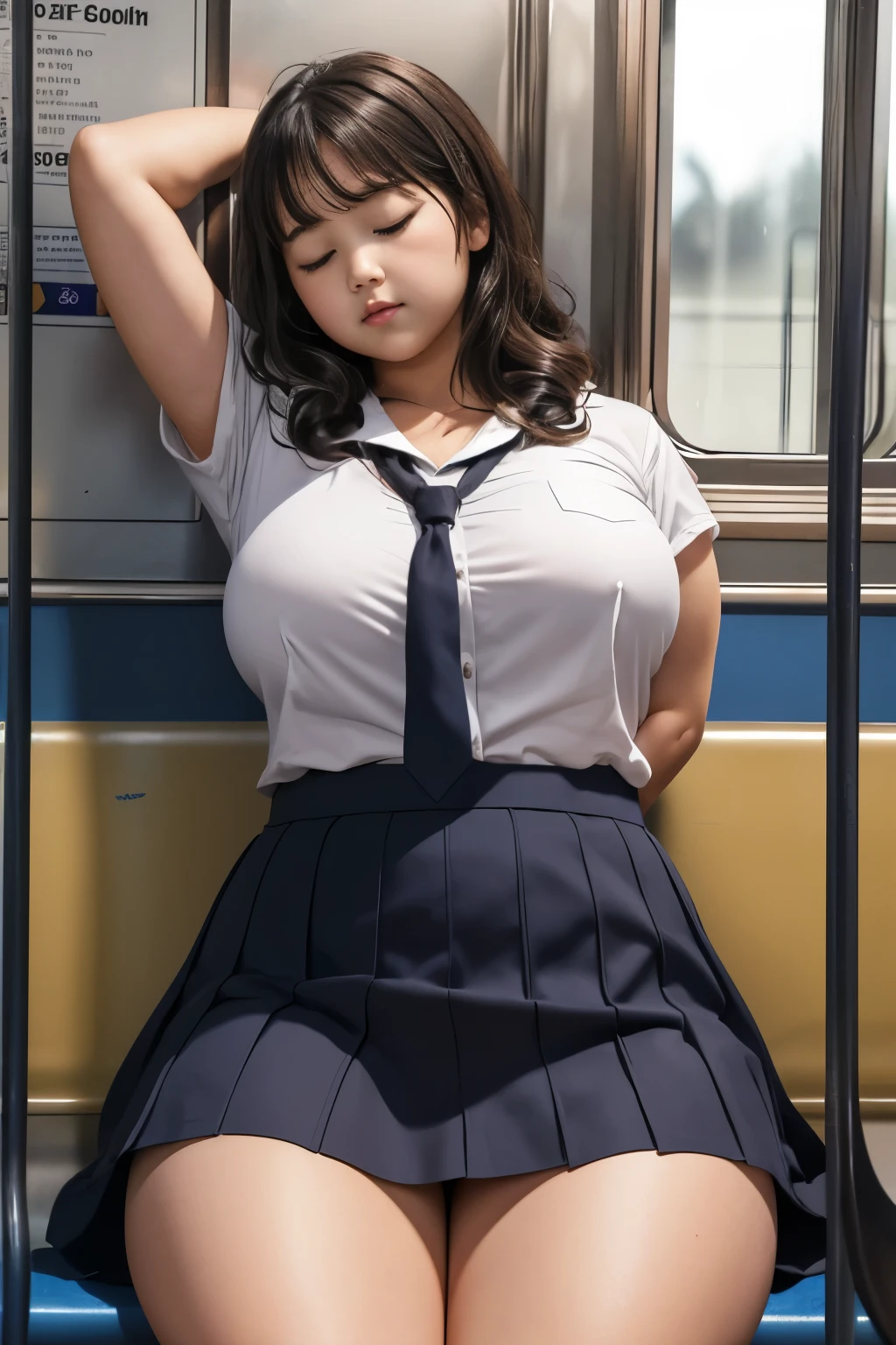 realistic pictures、 is present、8k、 Amazing Art、 cowboy shot、1 plump and pretty girl is sitting、 schoolgirl、(((A girl sleeps on a train:1.45)))、((Round face))、(( plump cheeks ))、Thick neck、(((Thick arms)))、Tight, round breasts 、Thick chest、 Tight Stomach 、Thick Ass、((( thick legs)))、Slightly parted lips、 dark brown hair、 curly long hair、 fluffy hair 、 calm expression、 school uniform 、((Open your legs a little))、 miniskirt、 I can see her panties through the gap in her skirt、 white panties、 cameltoe