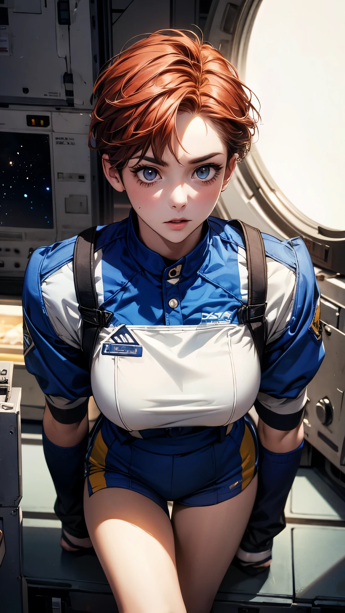 a woman with short red hair wearing (blue allianceuniform) in a space station, cute face, realistic skin, dramatic lighting, ultra realistic, wallpaper, intricate, sharp focus, ray tracing, rtx, professionally color graded, professional photography, masterpiece, ultra detailed, high quality, best quality, 4k, 8k, raw , skindentation, huge breasts, short hair,