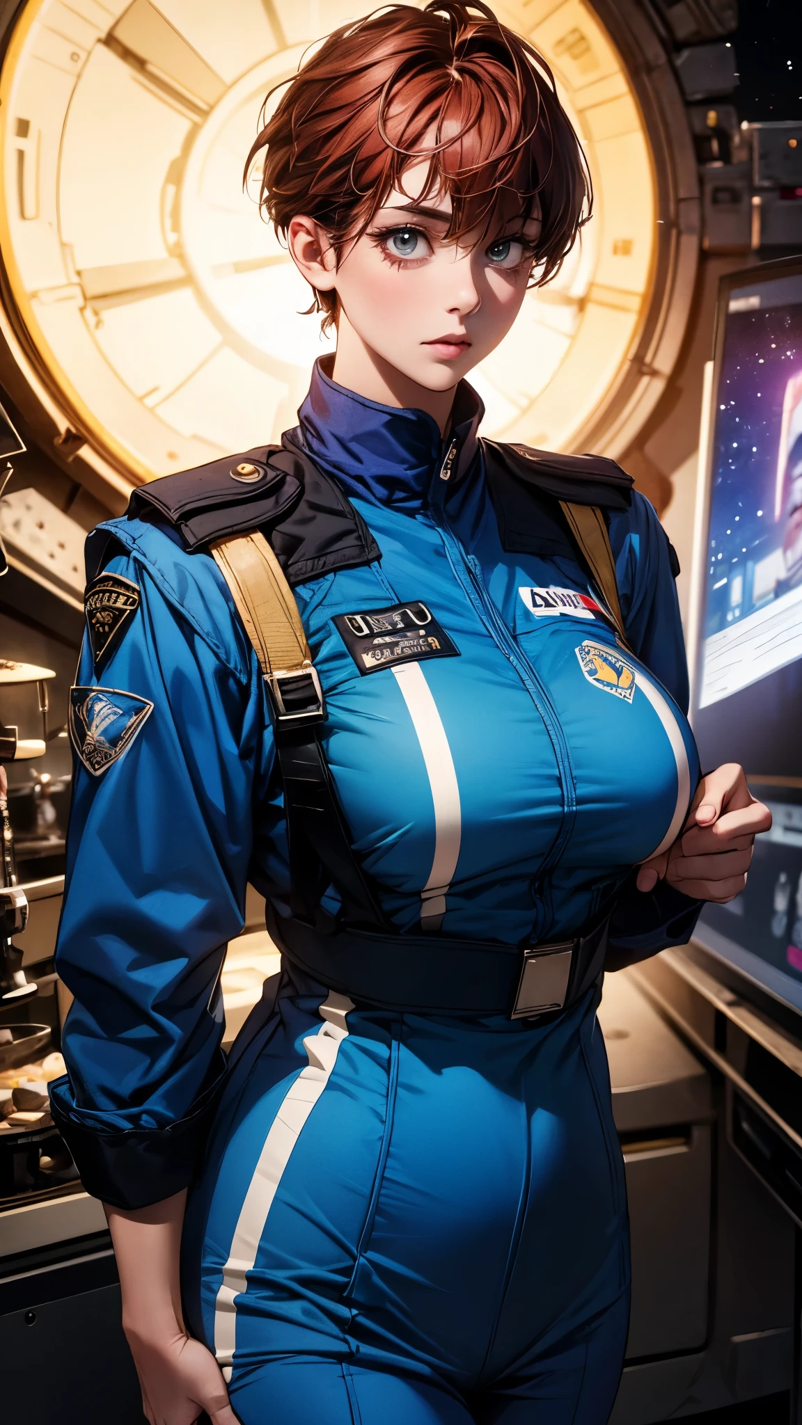 a woman with short red hair wearing (blue allianceuniform) in a space station, cute face, realistic skin, dramatic lighting, ultra realistic, wallpaper, intricate, sharp focus, ray tracing, rtx, professionally color graded, professional photography, masterpiece, ultra detailed, high quality, best quality, 4k, 8k, raw , skindentation, huge breasts, short hair,