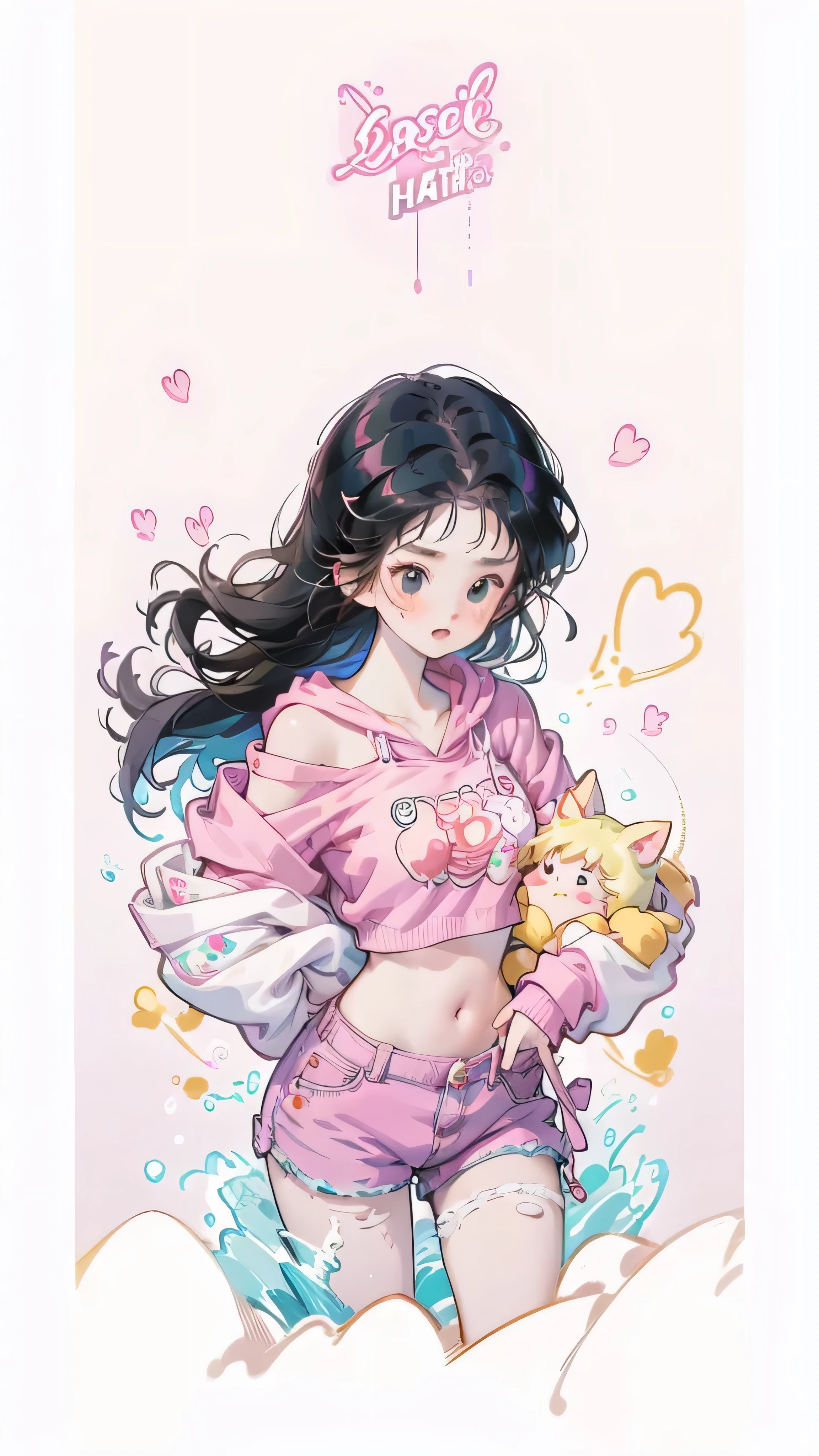 ((best quality,4K,high resolution,masterpiece:1.2)), (whole body:1.2), (Young Girls),(((Love Hotels)))、Contempt、 、Pink and black hoodie、1 Girl, Black Hair, long hair, Sleep, Light Particles, wallpaper, Extra short hot pants，A young girl lies flat on the bed in the bedroom, hugging her knees and showing a cute expression in the sun. Close-up，
slim body, perfect body, an anime printed super tight off shoulder long sleeve crop top, wearing super tight anime print micro shorts, a super aesthetic transparent mini : 1.5)，Denim short, clear and beautiful face、(Cute illustrations:1.2), High resolution, Extremely detai