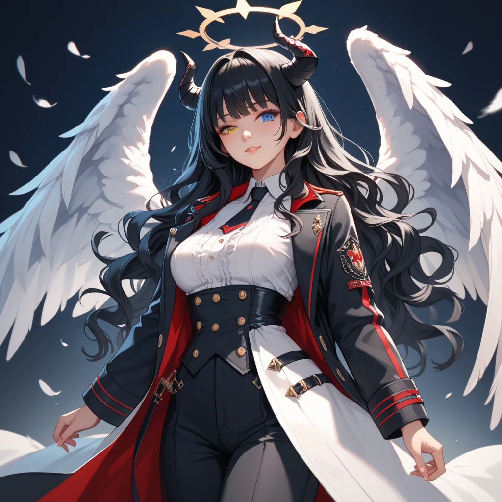 black、White、Blue and Red,(best quality, Extremely detailed, high resolution, Extremely detailed的 CG),Angel,She is beautiful,Black Trench Coat, (Big Breasts 1.2), Curvy beauty, (Mature woman)