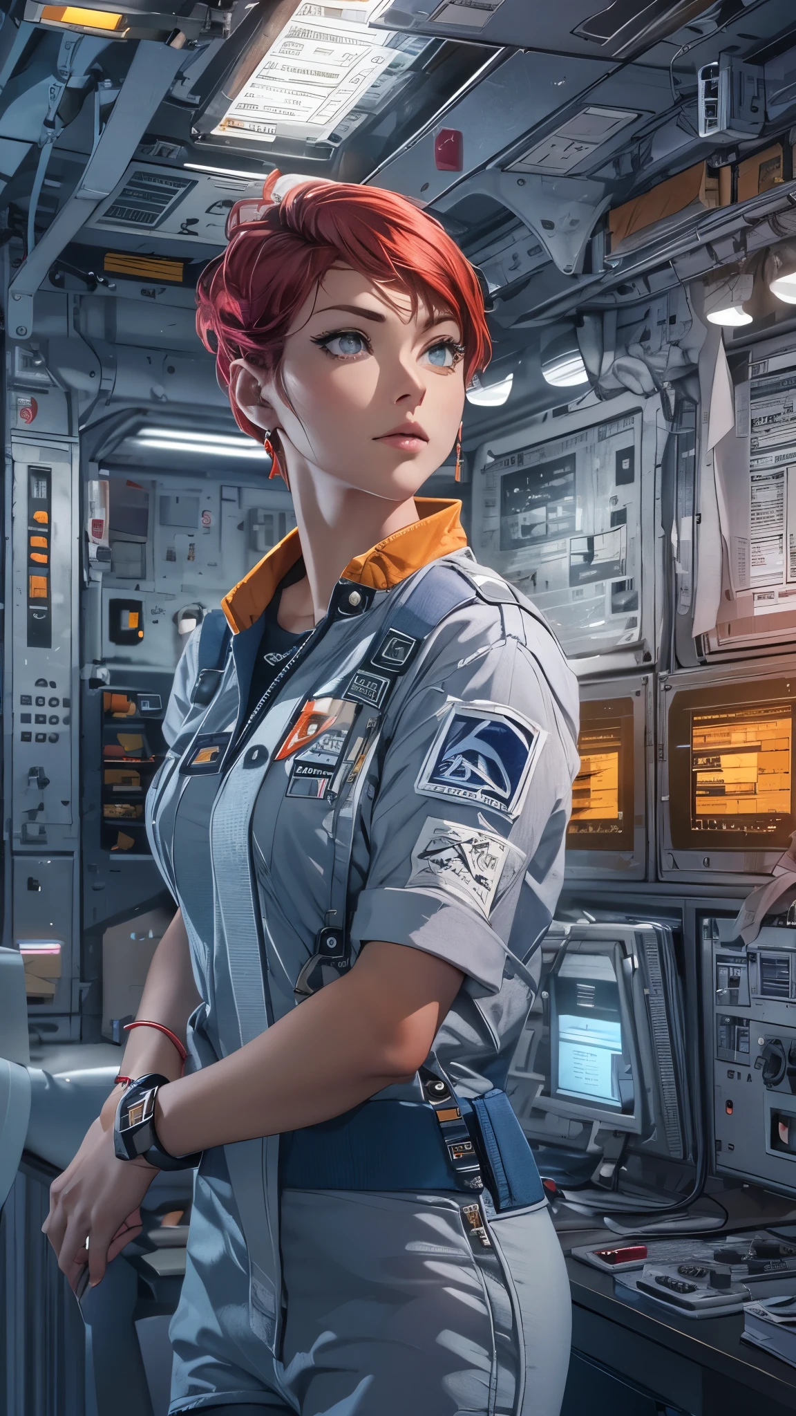 a woman with short red hair wearing (blue allianceuniform) in a space station, cute face, realistic skin, dramatic lighting, ultra realistic, wallpaper, intricate, sharp focus, ray tracing, rtx, professionally color graded, professional photography, masterpiece, ultra detailed, high quality, best quality, 4k, 8k, raw , skindentation, huge breasts, short hair,