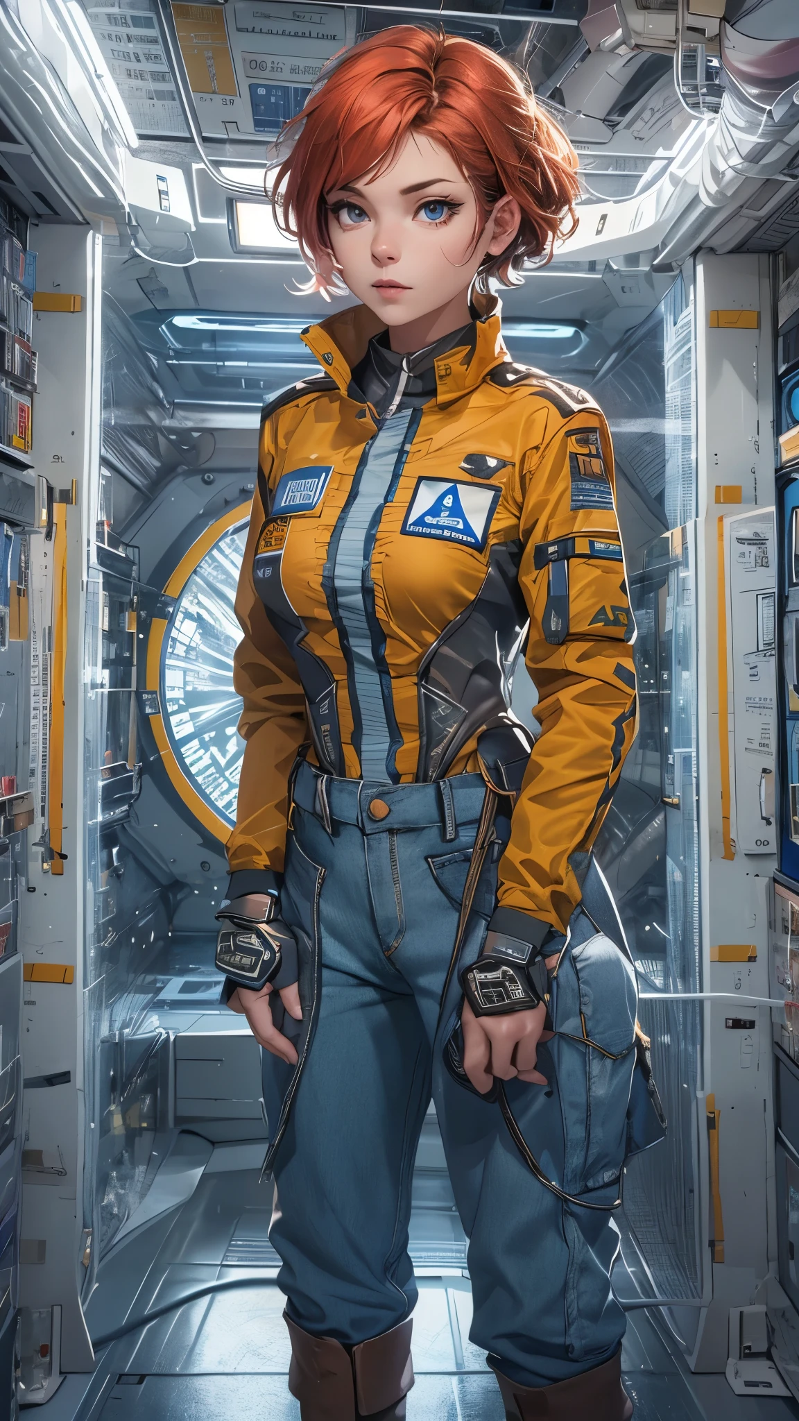 a woman with short red hair wearing (blue allianceuniform) in a space station, cute face, realistic skin, dramatic lighting, ultra realistic, wallpaper, intricate, sharp focus, ray tracing, rtx, professionally color graded, professional photography, masterpiece, ultra detailed, high quality, best quality, 4k, 8k, raw , skindentation, huge breasts, short hair,