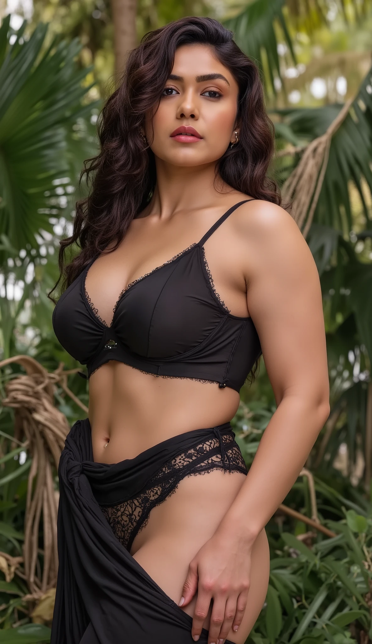 Full-body portrait of {No-one55}, posing for a Playboy photoshoot with a seductive smile and a confident stride. From the front, we see her curvy figure, with full and rounded breasts, and her navel subtly visible. Her hair falls gracefully down her back, with loose strands framing her face. She wears a lacy black thong and a matching bra that accentuates her curves, with a sheer robe draped over her shoulders, revealing a hint of her navel piercing. The lighting is soft and flattering, enhancing her skin's radiance and creating a sensual ambiance. 70-200mm lens, f/4, eye-level shot, (photorealistic:1.5), (highresolution:1.4), (skintexture:1.3), (perfectskin:1.3), (expressiveeyes:1.2), (seductivegaze:1.3), (directeyecontact:1.4), (voluptuous:1.4), (fullbreasts:1.4), (curvyframe:1.3), (shinylingerie:1.2), (navelpiercing:1.2), (intricacedetails:1.3), (artstationmasterpiece:1.2), (bestquality), (cinematiclighting:1.3), (4k:1.3)