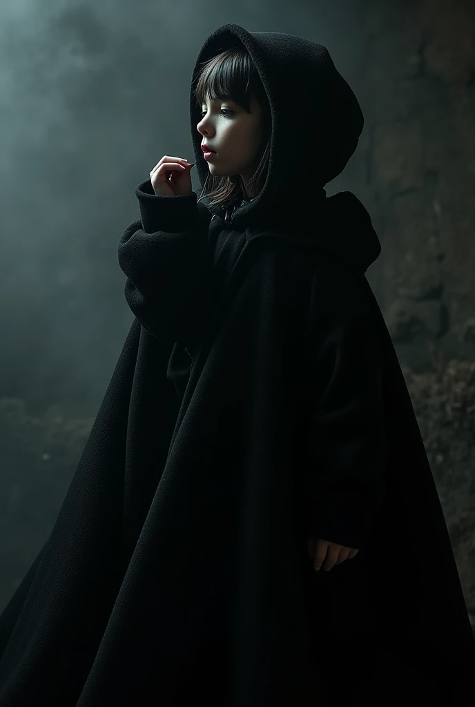Russian children girls 10 years old WITH LONG STRAIGHT HAIR blonde, closeup , PORTRAIT STYLE, black leather jacket, Sidyoso, wearing black Sith robes, a Sith Lord, In Return of the Jedi as a Sith Lord, Star Wars movie.