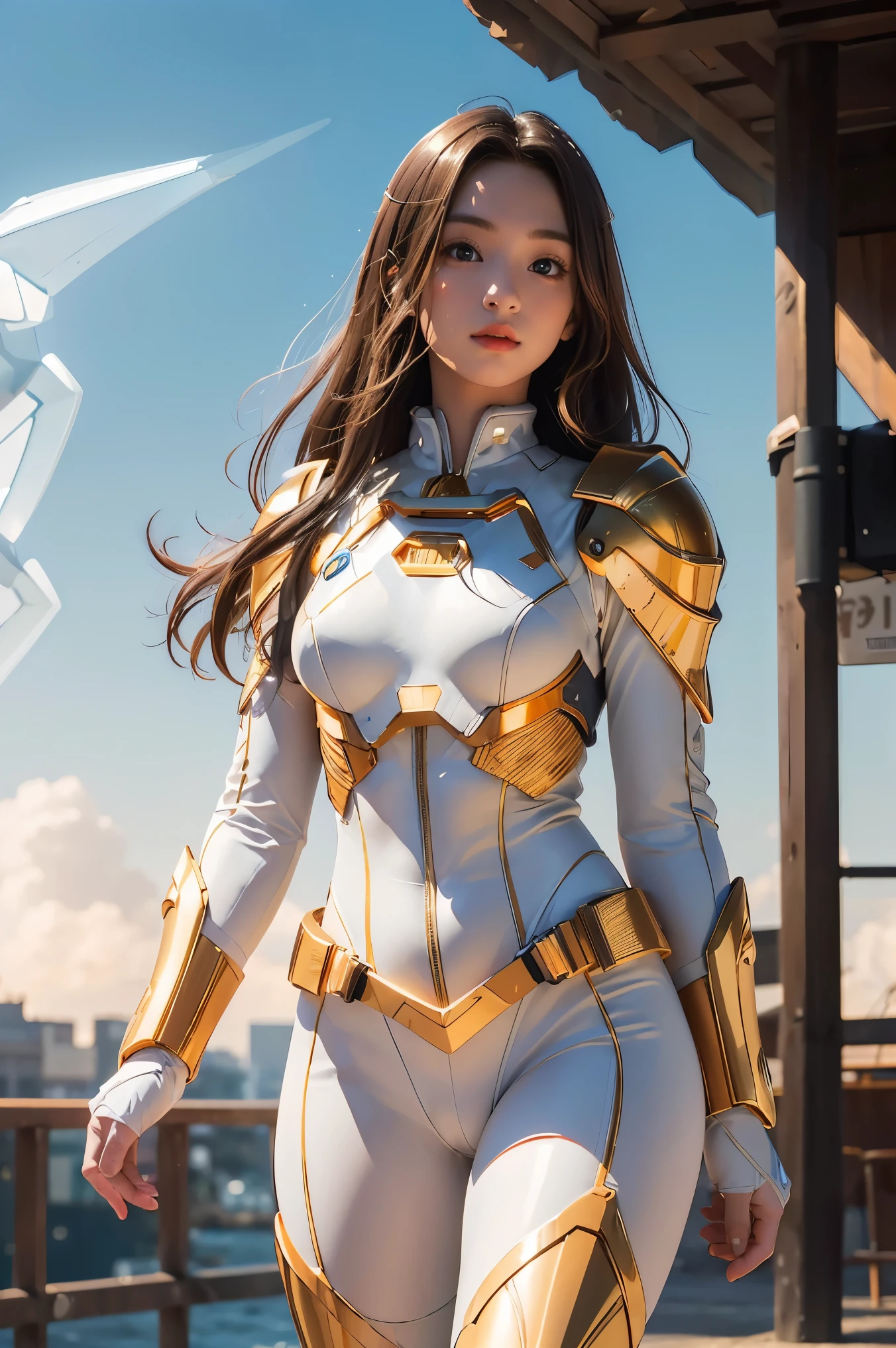((masterpiece, best quality, extremely detailed), volumetric lighting, ambient occlusion, colorful, glowing), 1girl, solo, young girl, (dark hair), long hair, halo, aura, sacred, goddess, cleric suit, (white outfit with gold detailst:1.3), armor, outdoors, sunset, sky, clouds, space, (fantasy theme:1.2),ม 1girl, full body, Illustration, cinematic light, high resolution, best quality, ultra-detailed, masterpiece, power suit, powerranger, suit, spd,