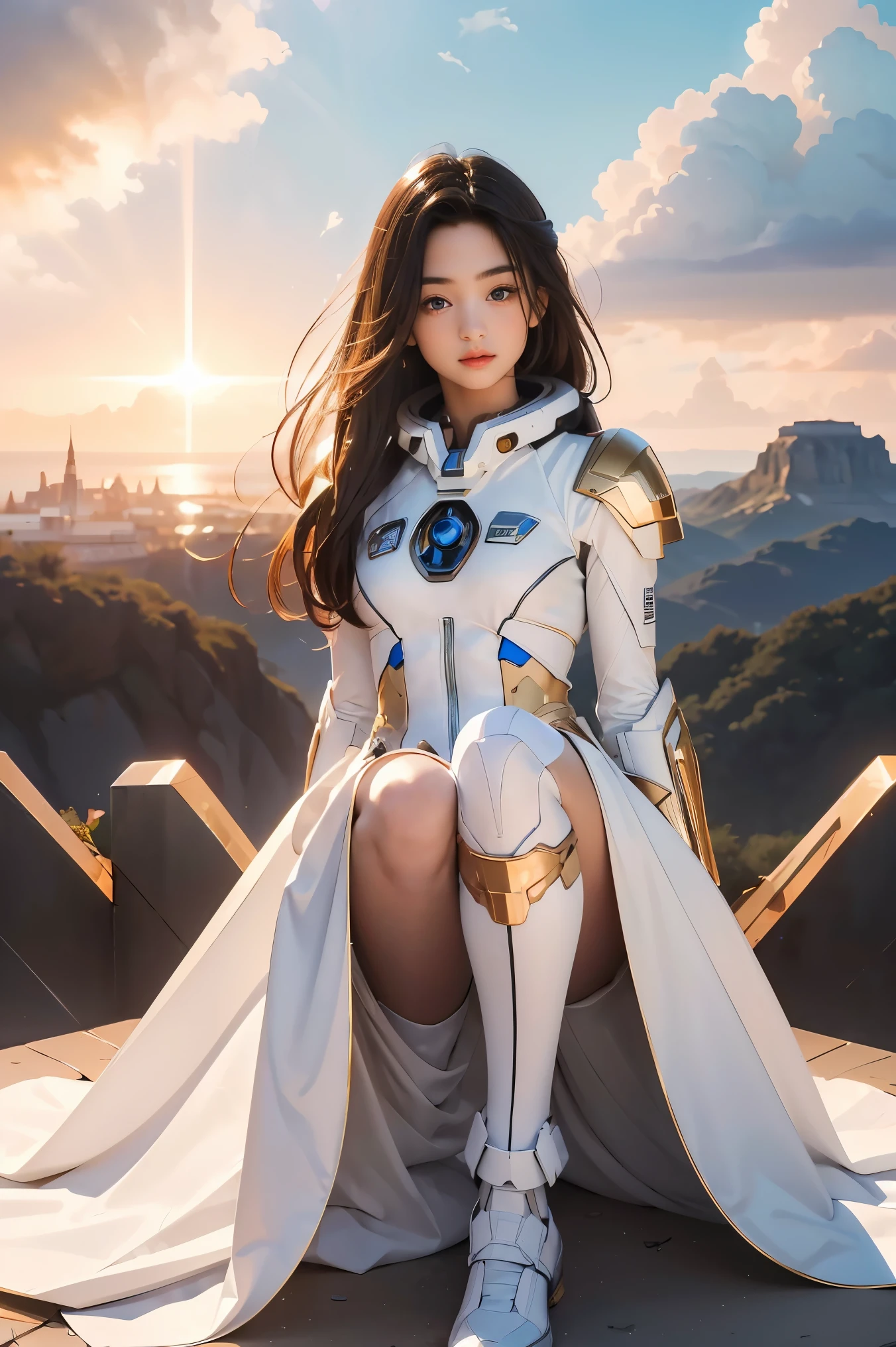 ((masterpiece, best quality, extremely detailed), volumetric lighting, ambient occlusion, colorful, glowing), 1girl, solo, young girl, (dark hair), long hair, halo, aura, sacred, goddess, cleric suit, (white outfit with gold detailst:1.3), armor, outdoors, sunset, sky, clouds, space, (fantasy theme:1.2),ม 1girl, full body, Illustration, cinematic light, high resolution, best quality, ultra-detailed, masterpiece, power suit, powerranger, suit, spd,