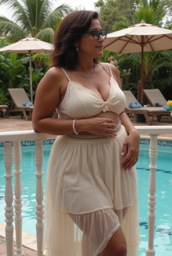 there is a woman in a white lingerie in organza transparent suit posing for a picture, she is about 50 years old, she is about 6 0 years old, full body shot close up, in a gold one piece swimsuit, 40 years old women, full body close-up shot, very large, sie boob, she is about 4 0 years old