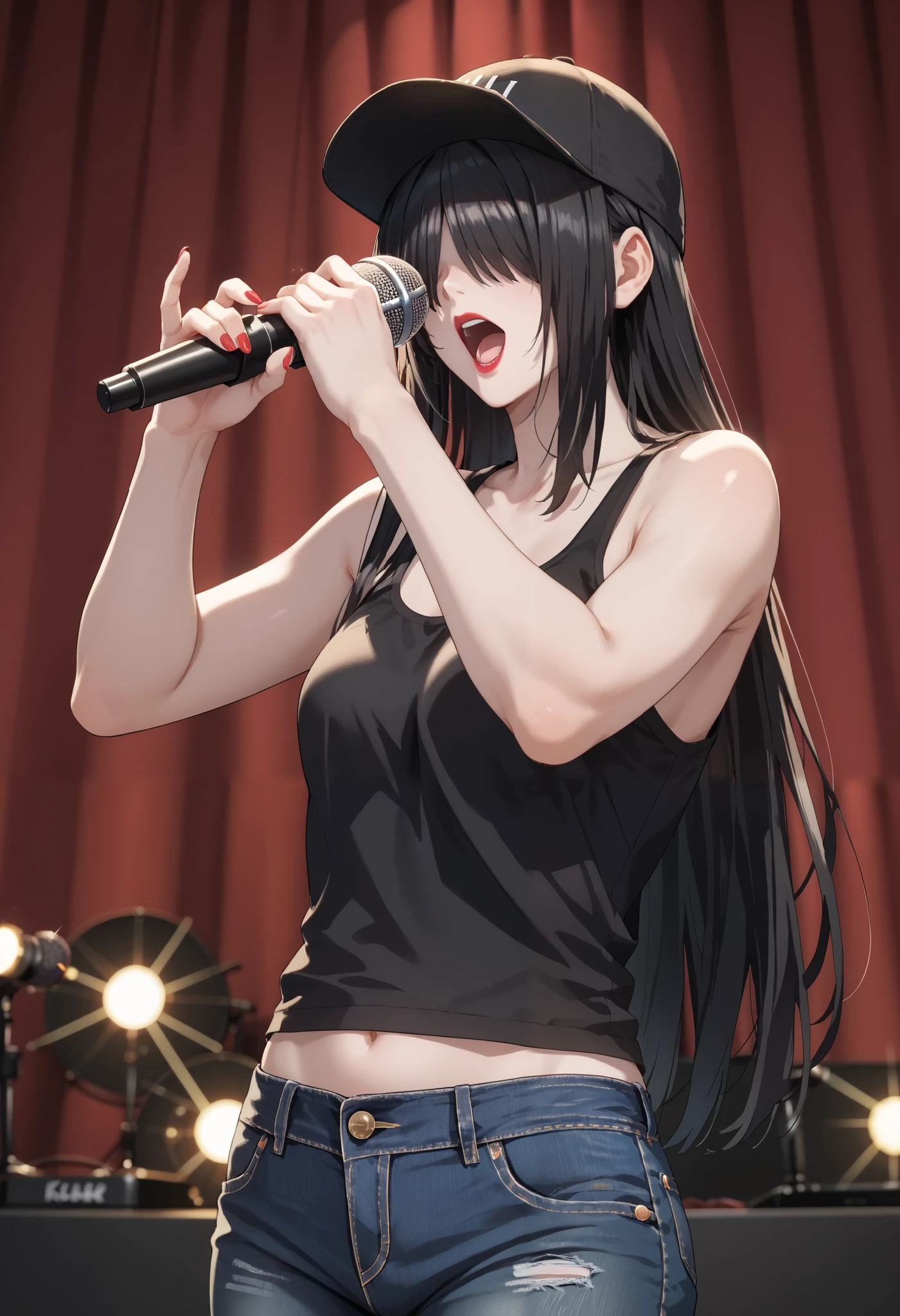 score_9, score_8_up, score_7_up, source_anime, kjonakime, (1girk, solo), (black hair, long hair, (bangs over eyes, hair covering eyes), black baseball cap), (black tank top, bare shoulder), navel, jeans, pale skin, red lipstick, (holding microphone, (singing, shout), standing on the stage), spot lighting