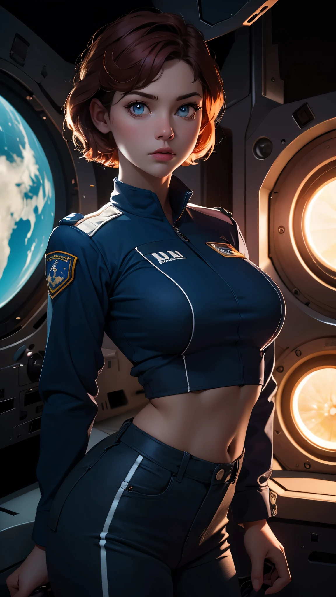 a woman with short red hair wearing (blue allianceuniform) in a space station, cute face, realistic skin, dramatic lighting, ultra realistic, wallpaper, intricate, sharp focus, ray tracing, rtx, professionally color graded, professional photography, masterpiece, ultra detailed, high quality, best quality, 4k, 8k, raw , skindentation, huge breasts, short hair,