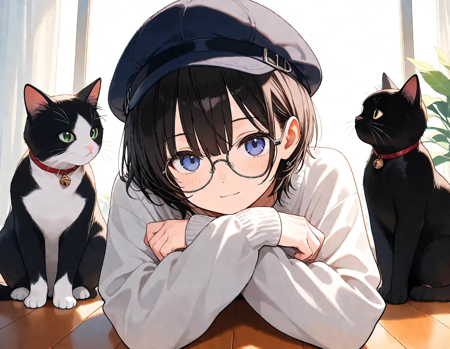 (masterpiece), (best quality), (ultra-detailed),
1girl, glasses, short hair, cap, full body, cat,
