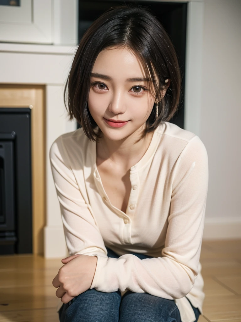 ((1womanl)), (((Black-short-hair))), (masuter piece:1,3)、top-quality、masterpiece、hight resolution、Original、highly detailed wallpaper、jeans、Large ribbon, (A slight smil)、a small face、((Breast bulge))、(Graphic T-shirt with animal character printed)、(light on face)、Live-action style, Beautiful facial features, darkened room, full-shot, full length