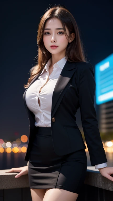 best quality, masterpiece, 1 girl, pretty face, (photo actual:1.3), edge lighting, (High detail skin:1.2), 8k ultra high definition, SLR camera, high quality, high resolution, 4K, 8k, Bokeh,  ridiculous, The optimal ratio of four fingers to one thumb, (actual:1.3), cute 1 girl, Wearing a black formal blazer, medium breasts, short skirt,