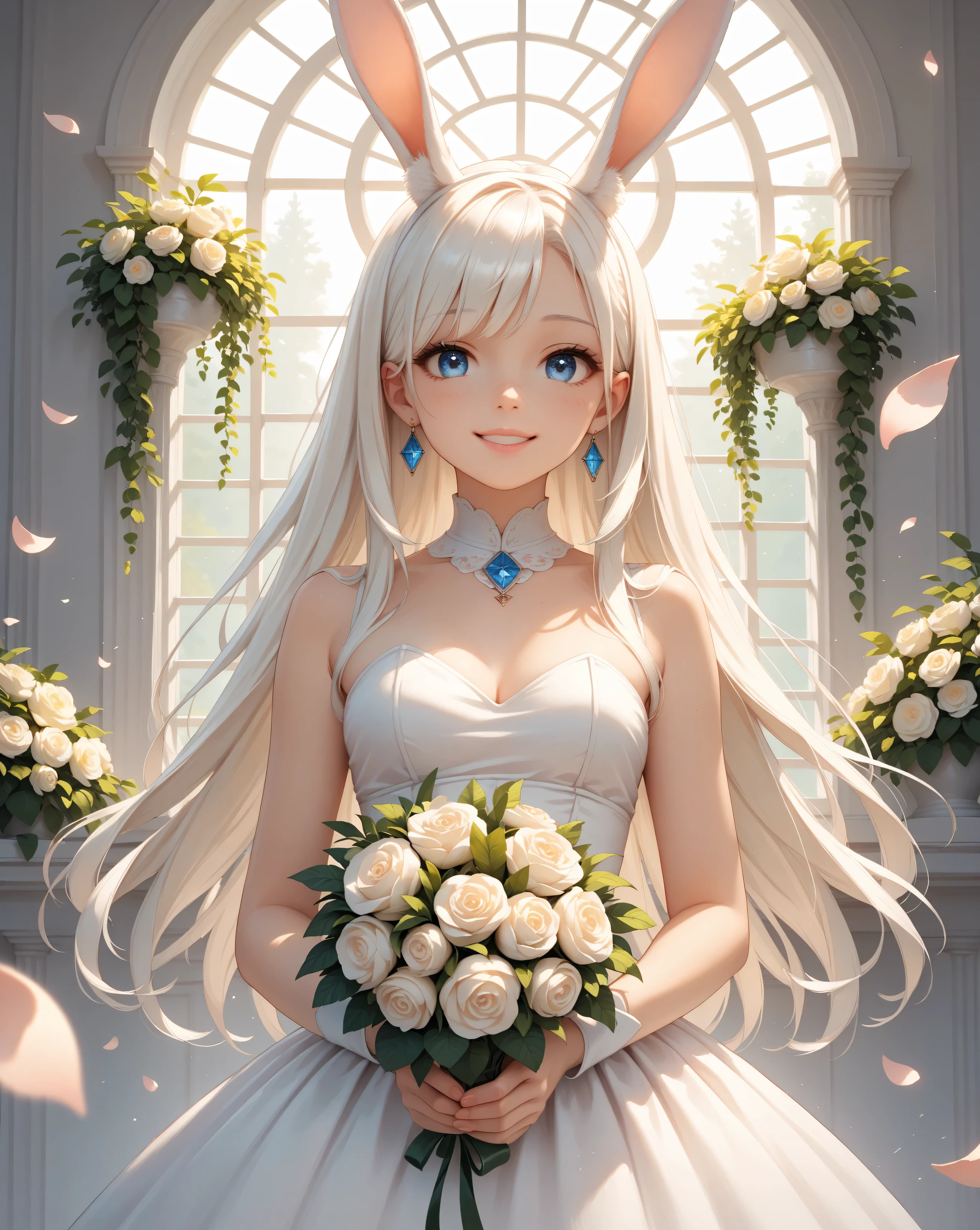 ( best quality, masterpiece:1.2), very detailed, high resolution, 8k wallpaper, perfect dynamic composition,Personification of the White Rabbit、 beautiful eyes with attention to detail, beautiful face、 Long White Straight Hair , blue eyes、Bunny ears growing from his head, natural colored lips, has a smiling face, 20 years old, cute woman, white dress, Holding a bouquet , perfect and beautiful face, happy vibes、Petals falling background