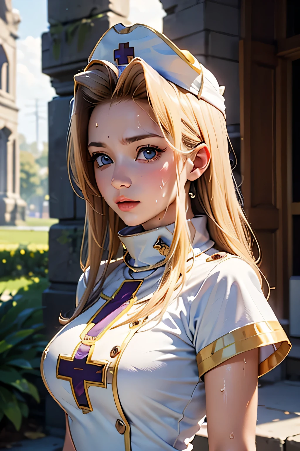perfect anatomy best quality, highest resolution,(((white dress with metallic luster shiny nurse hat sweat))) Tales of Phantasia mint ruins
