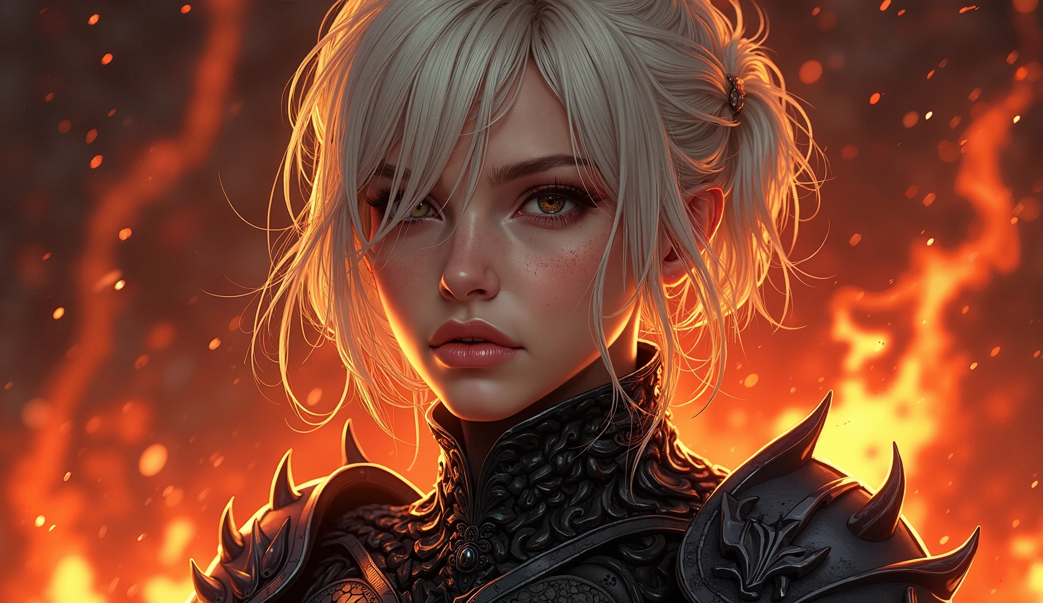 (best quality,4k,8k,highres,masterpiece:1.2),ultra-detailed,(realistic,photorealistic,photo-realistic:1.37),Final Fantasy, detailed long white hair, detailed sexy girl, alluring appearance, single confident girl, (voluptuous figure), Dark Knight, Great Sword, 4K, HDR. (Sharp focus: 1.5), (sharp focus:1.2), (natural makeup:0.85), (large breasts:1.0), (petite body:1.2), ((Full Body Portrait)), Long Legs, (Black Full Plate Metal Bikini Armor), Sexy Legs, (Full Body View), Tall Girl, Head to toe Detail, Glowing Red Eyes, Messy bun Hair