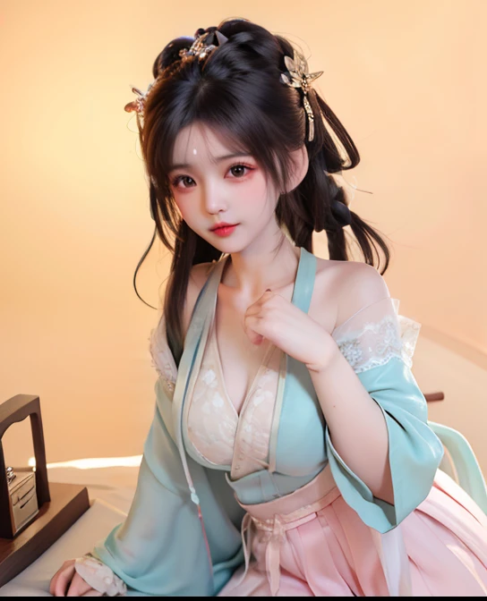 Wet-breasted Hanfu  dynasty open V-chested clothes royal, All pictures, Wet body of thin silk fabric, Thin silk lace petticoat,princess 8 yeald old cute, (huge boobs，cleavage),petticoat, white pink, blue ，best qualtiy，tmasterpiece，超高分辨率，（真实感：1.4），RAW photogr，（True skin texture：1.3），（filmgrain：1.3），（Selfie angle），1个Giant Breast Girl，Beautiful eye and face details，tmasterpiece，Best quality at best，exposing thighs，Bigchest，The chest is more exposed， detailed hair，above looking down facing at camera,short dressPrincess Eyes,Super big eyes,Detailed face,shiny pupils, short pink dress, lace petticoat