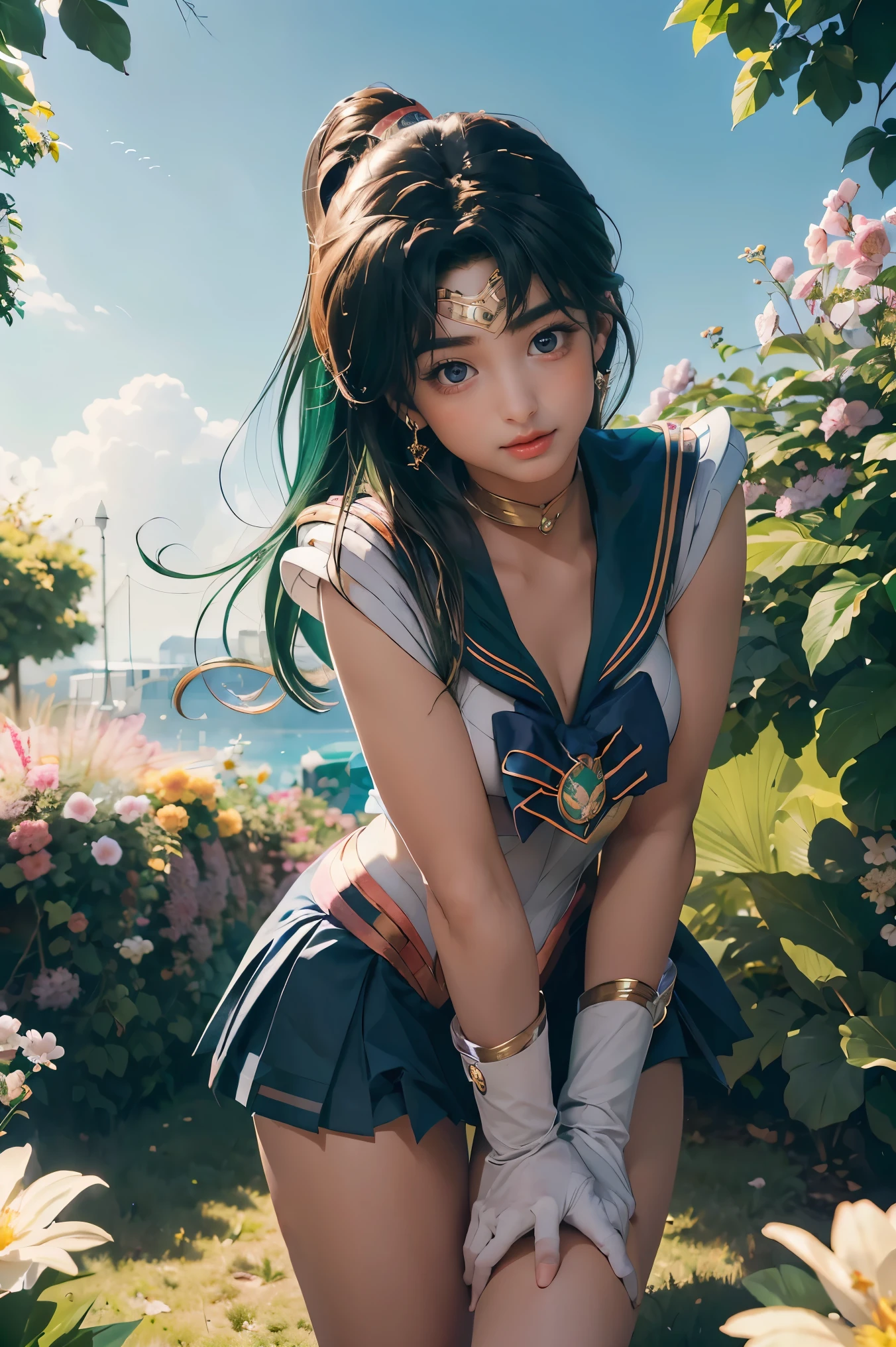 (Extreme Detail CG Unity 8K wallpaper, masterpiece, highest quality), (exquisite lighting and shadow, highly dramatic picture, cinematic lens effect), (Sailor Moon: 1.4), delicate facial features, charming smile, star eyes, ((dark green hair)), tight top, white gloves, mini skirt, dynamic pose, lying in the garden), (background in a garden full of flowers) (excellent detail, outstanding lighting, wide angle), (excellent rendering, enough to be proud of its kind),
