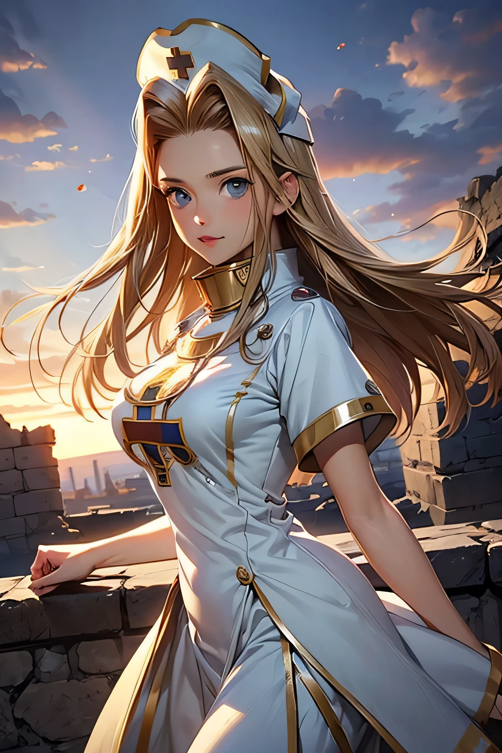 perfect anatomy best quality, highest resolution,(((white dress with metallic luster shiny nurse hat))) Tales of Phantasia mint ruins