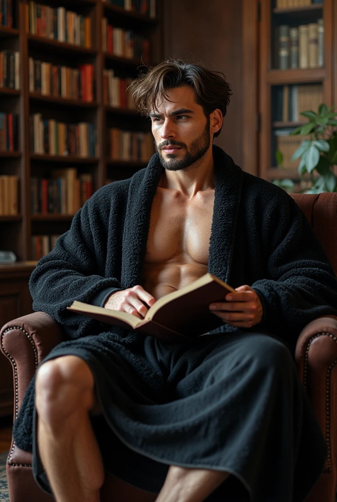 best quality, high quality, detailed,
a 28 year old hunk, wearing only black underwear, showing his chiseled chest, abs and arms. while reading a book.