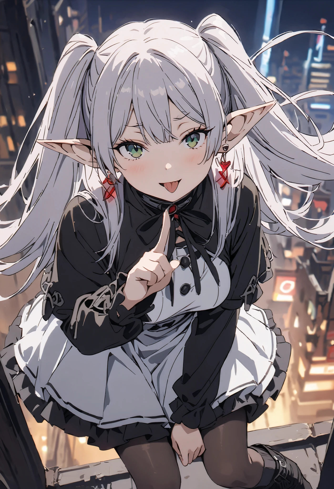 (A girl in Gothic ta fashion:1.3), (best quality, masterpiece, 8k:1.2), ultra detailed, (((beautiful))), soft lighting, dynamic anime artwork, (sexy pose:1.2), futuristic city at night, neon lights, \(frieren\), long hair, twintails, green eyes, grey hair, pointy ears, elf, shirt, long sleeves, jewelry, pantyhose, earrings, striped, black pantyhose, capelet, striped shirt, skirt, white skirt, boots, medium breasts, Playfully sticking out her tongue cutely, winking, from above,