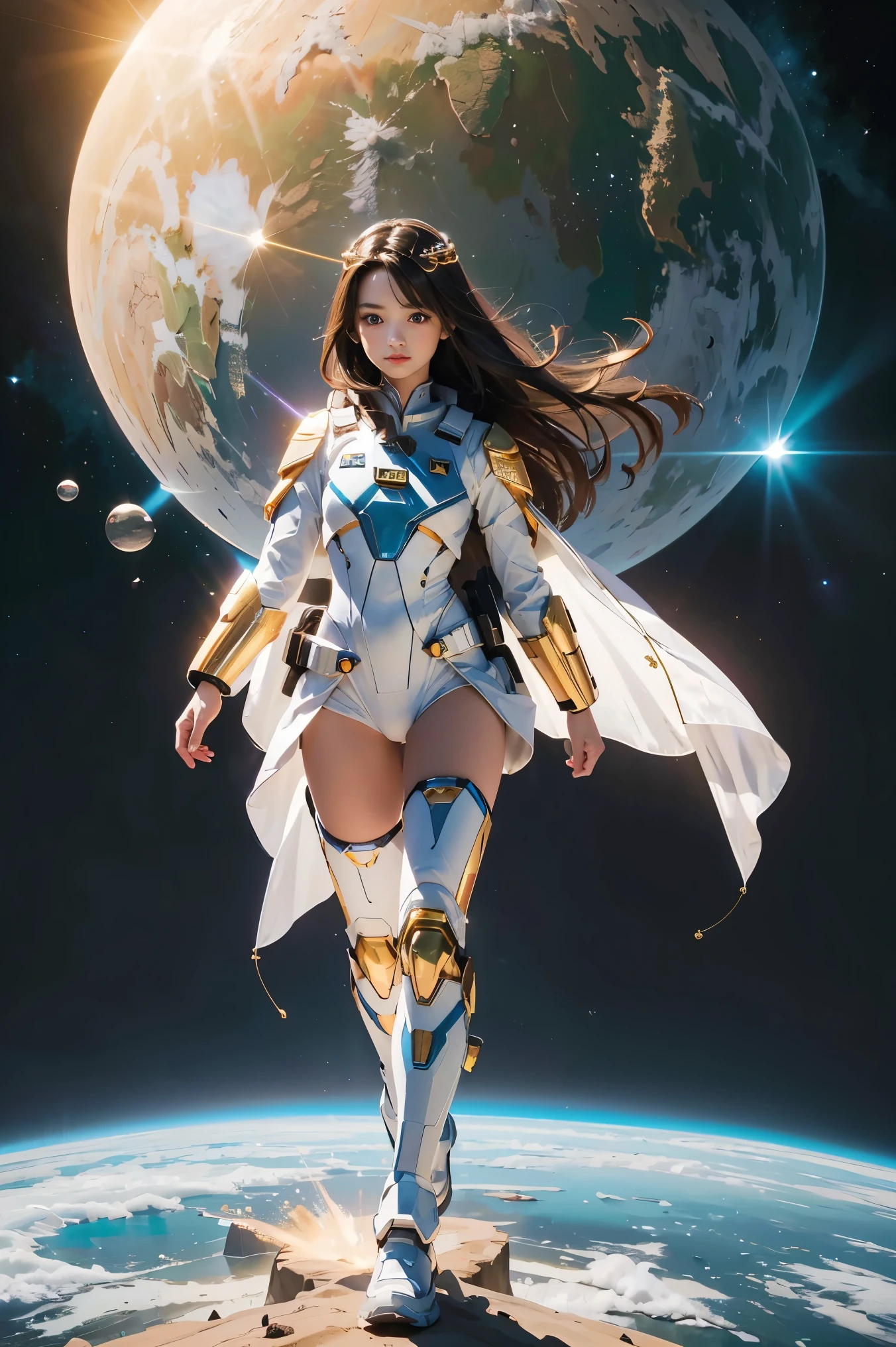((masterpiece, best quality, extremely detailed), volumetric lighting, ambient occlusion, colorful, glowing), 1girl, solo, young girl, (dark hair), long hair, halo, aura, sacred, goddess, cleric suit, (white outfit with gold detailst:1.3), armor, outdoors, sunset, sky, clouds, space, (fantasy theme:1.2),ม 1girl, full body, Illustration, cinematic light, high resolution, best quality, ultra-detailed, masterpiece, power suit, powerranger, suit, spd,