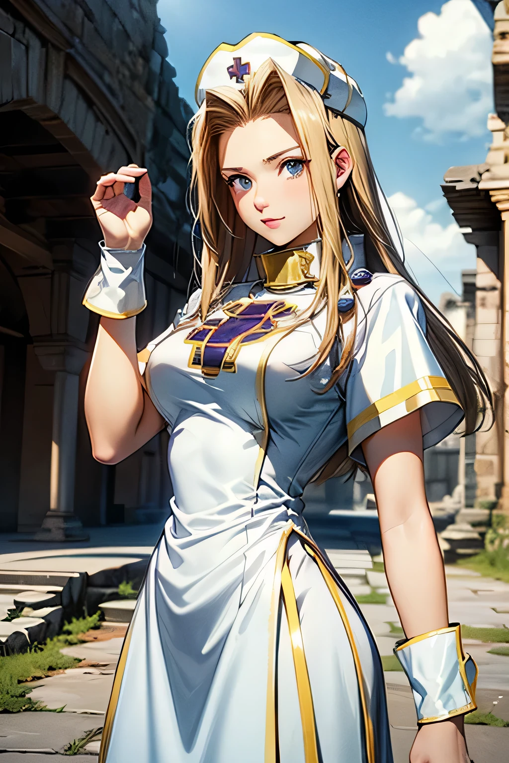 perfect anatomy best quality, highest resolution,(((shiny latex white dress shiny nurse hat))) Tales of Phantasia mint ruins