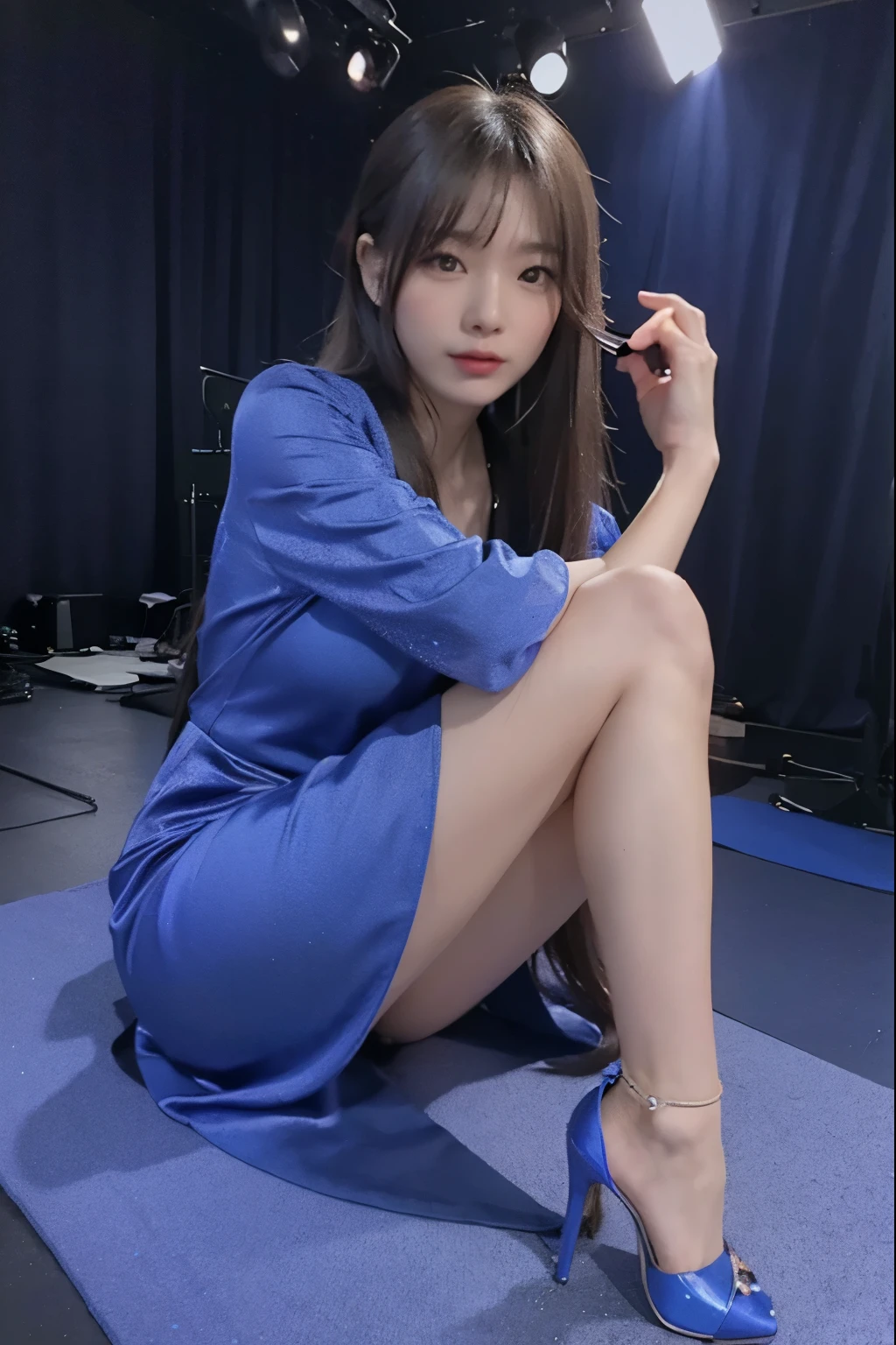 Arav woman in blue shirt and black skirt kneeling on the floor, Korean Girl, Korean woman, sakimicchan, Sitting on the floor, beautiful south Korean woman, Nam Jae-yeon, Kneeling on the shiny floor, gorgeous young Korean woman, Touch her clothes, Cui Xianhua, sexy look, Looks cute, Charming pose