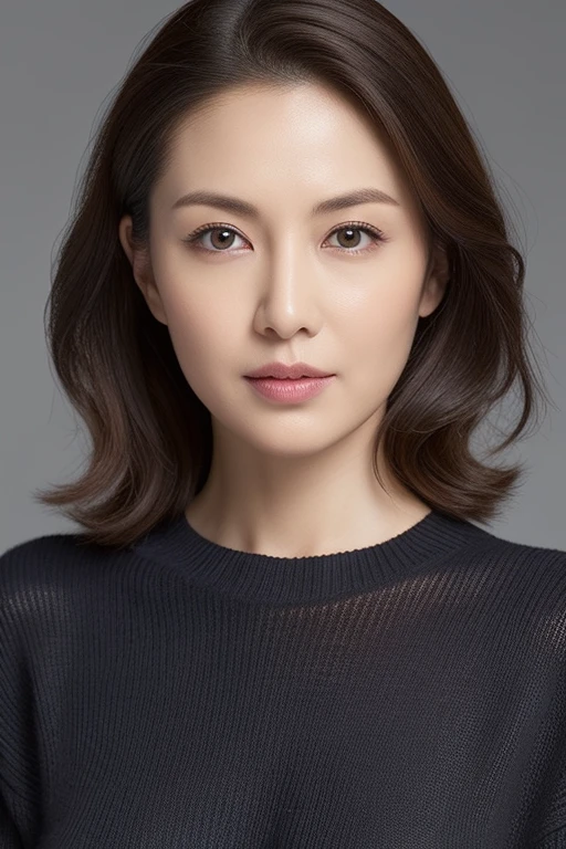 hight resolution, high-level image quality, high detailing, masterpiece, Textured skin, tre anatomically correct, sharp, greybackground((japanese mature, 25 years old)), 独奏, ((Wrinkles on the face)), large breasts with good shape, Straight light brown hair that reaches to the shoulders, chubby figure (((erect through, facing the center of the screen.))), Close your mouth and look straight ahead with a serious face, Sweaters, skirt by the, ((cowboy shot)),