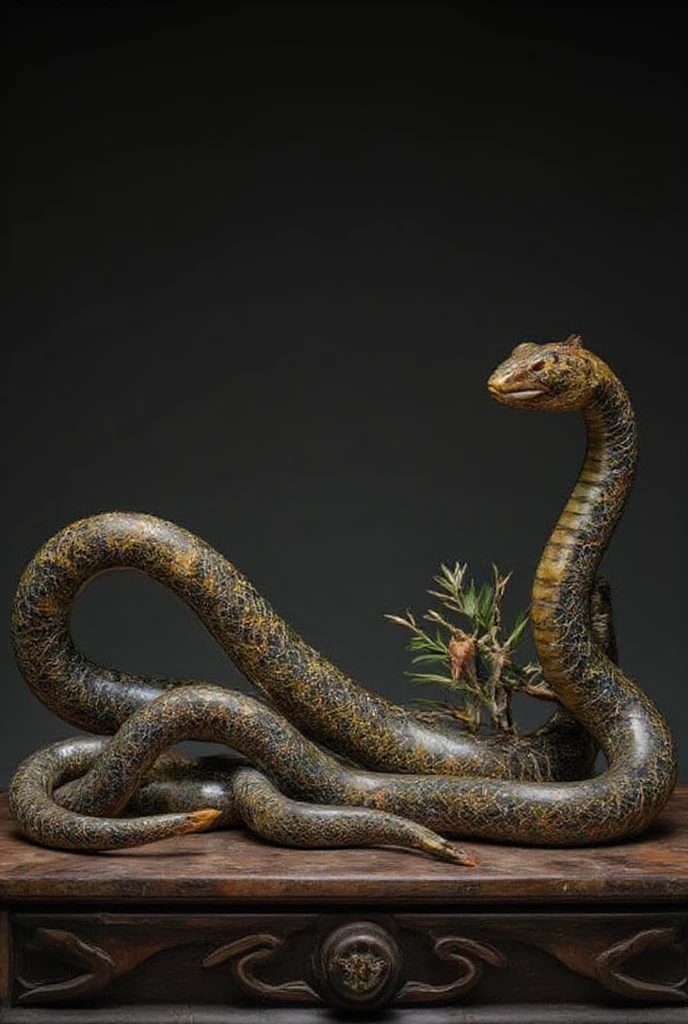 An unparalleled masterpiece of ultra-realistic film photography with detailed depictions. ((Close-up shot)), ((Top quality)), 8k, high definition, ultra-detailed, precious exhibits from the National Museum of China, Chinese historical nut carvings placed on an old Chinese-style small large, Chinese cultural heritage, a large snake with a beautiful and mysterious form, (a snake with an elegant pose: 1.6), (many small snakes entangled in a bamboo forest: 1.2), dynamic scenes with flowing movements, dramatic lighting, and an empty, dark expanse of space capturing the elegance and beauty of Chinese culture