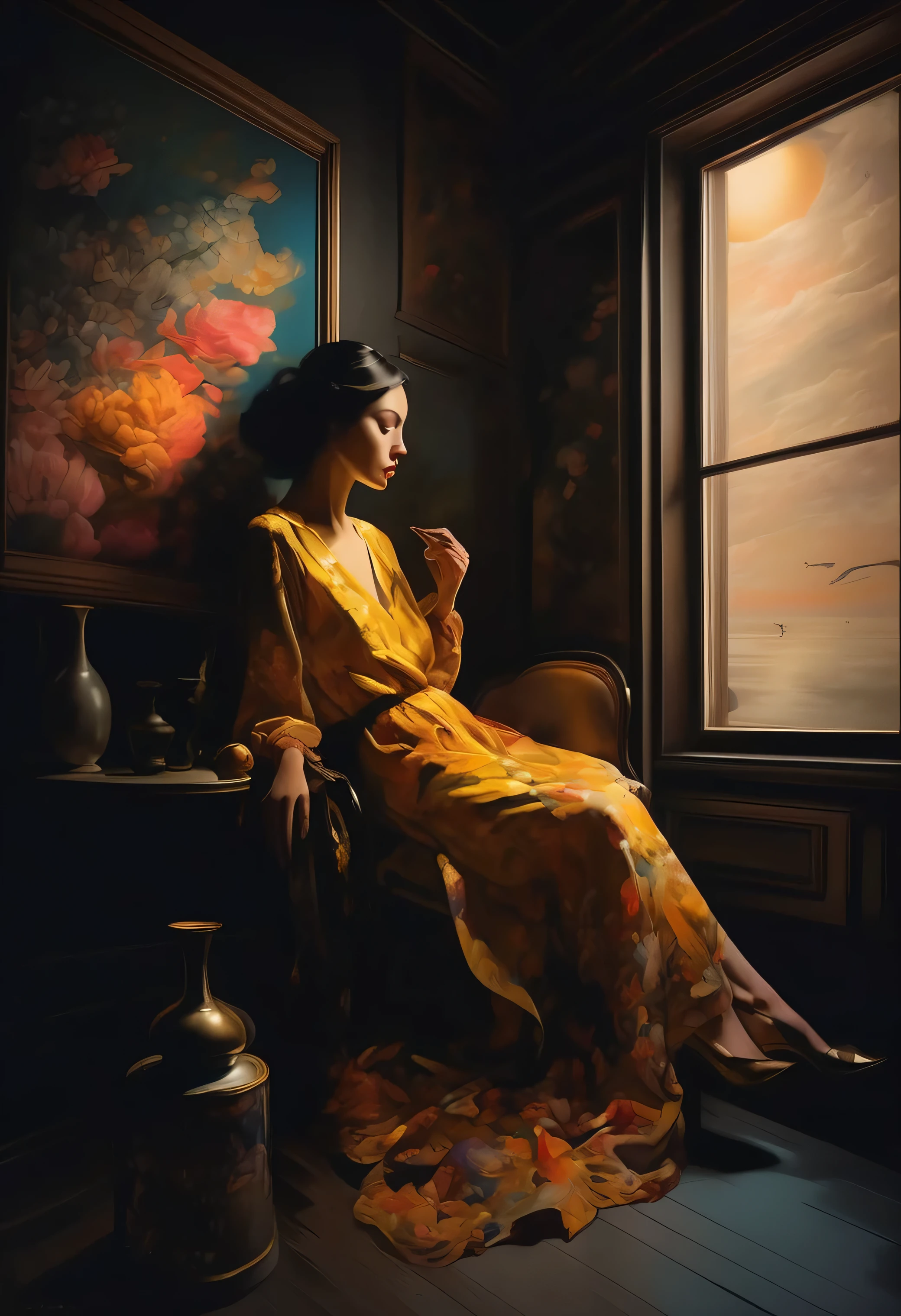 (Sensual illustration chiaroscuro:1.4), Illustration art, By Irina Kapi. surrealism, Vintage Abstraction, (Painting of a woman in a good mood holding a wine glass:1.2), Super detailed、Drunk woman, Highest quality, masterpiece, Painting, Concept Art, Emotional, Atmospheric, Romantic aesthetics, Represents transformation and the ability to see beyond the surface、Ultra high definition、(deep, Delicate colors) paint (draw) 、 greatest masterpiece、Highest quality、