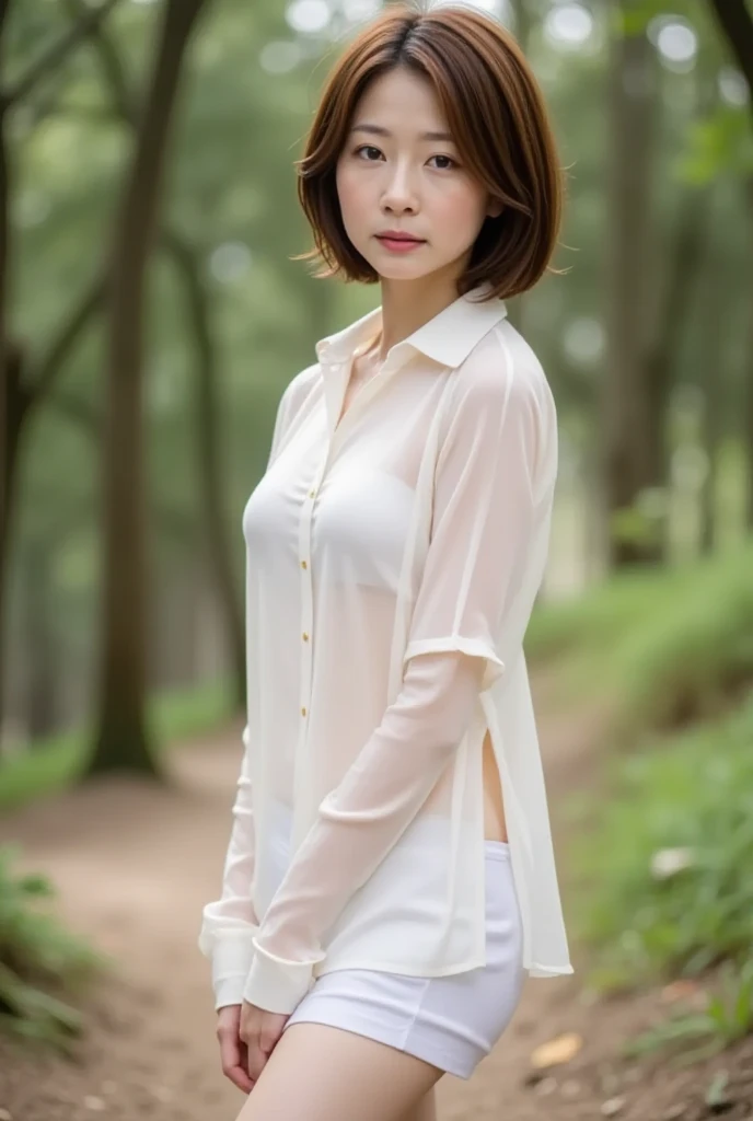 high resolution、8K、Soft Light、Backlight、Sexy 45 year old Japanese wife doing laundry、Transparent clothing、Outdoor、Blue sky、Clear skies、grass、Sunlight filtering through the trees、Angle looking up from below
