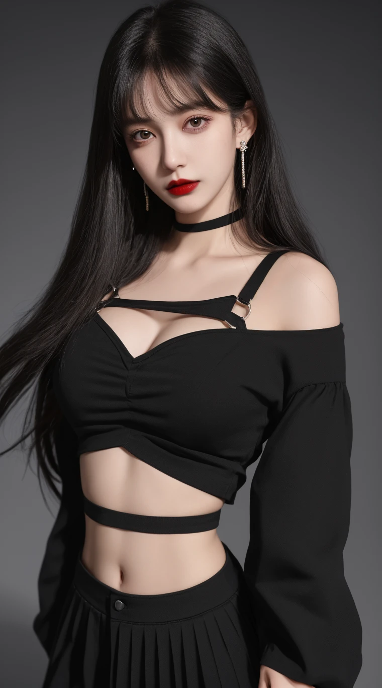 accessories,Gothic style,Quiet,Light makeup,Sexy,Peerless Beauty,Intellectual,clavicle,Neat long hair,Black Hair,Delicate face,Exquisite facial features,Sexy red sweater,,Navel,Navel,Stand Up Straight。