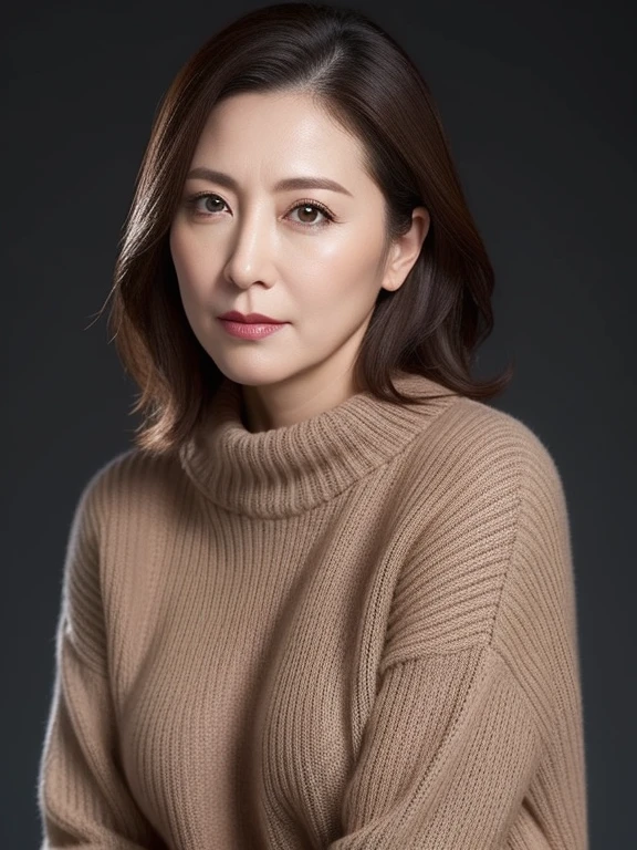 High resolution, High level image quality, high detail, masterpiece, rough skin, anatomically correct, sharp, gray background((japanese mature, 60 years old)), alone, ((facial wrinkles)), good shape big breasts, Straight light brown hair that reaches to the shoulders, Chubby body type (((stand upright, facing the center of the screen.))), Close your mouth and look straight ahead with a serious face, sweater, skirt, ((cowboy shot)),