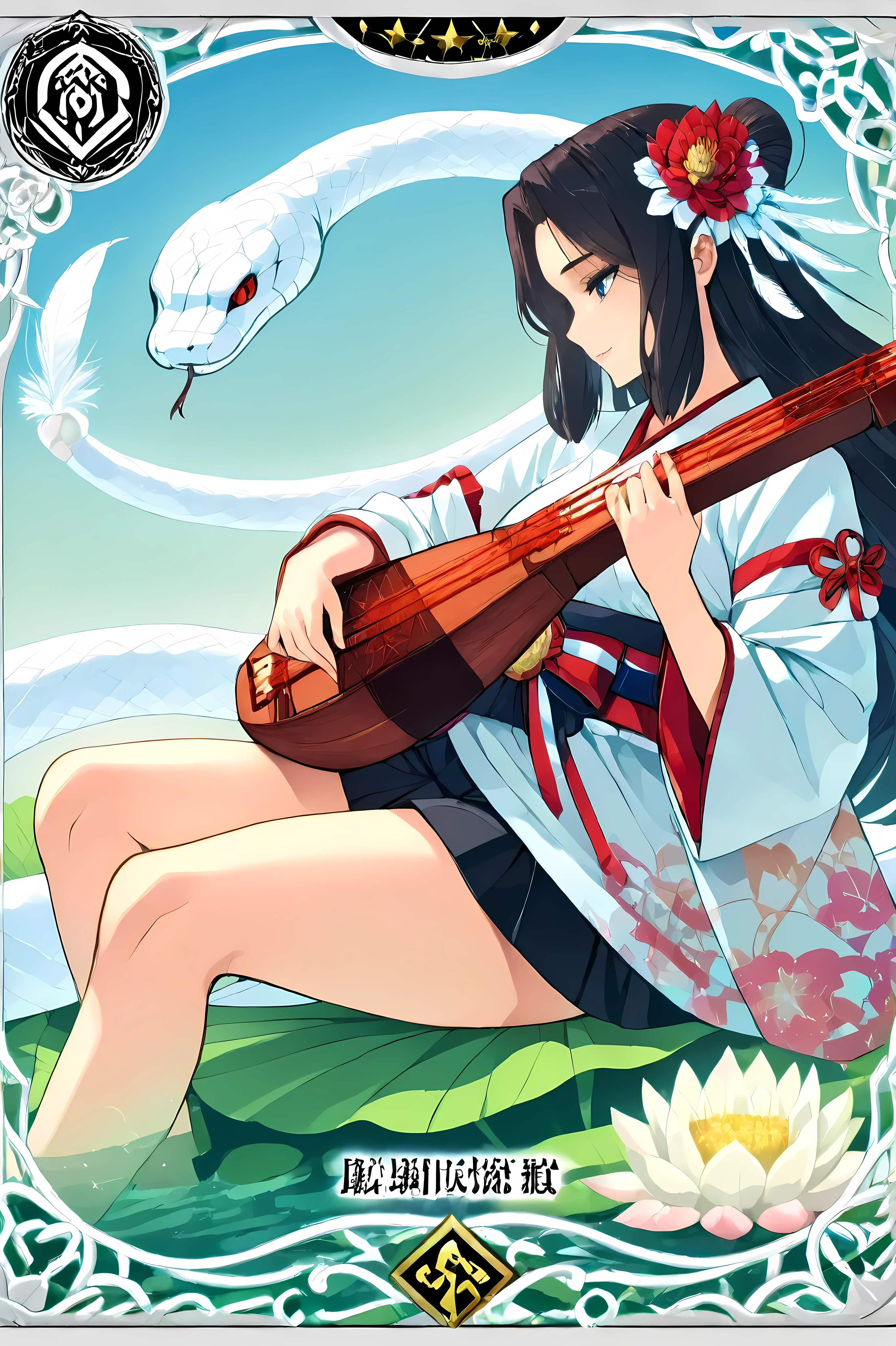 ((Trading Card Frames)) ,Highest rarity card illustration、playingcard,Benzaiten and a white snake,
lute \(instrument\),
playing instrument,
holding instrument,
japanese clothes,
kimono, miniskirt、 beautiful thighs、from side,
white snake, 、solo focus , perfect hand、1snake、Serpent's Head、White Snake、Big snake、、Black Haired Woman、Fairy、Benzaite, Seven Gods of Good Fortune, Goddess with Biwa, elegant,
Benzaite, goddess of music, waterside, white snake, calm expression, traditional Japanese costume、Tennyo-like figure, dressed in feathers, playing the biwa 、A woman sitting on a lotus flower and pulling a Japanese lute、lute、dramatic portrait、 anime style、 contemporary design,stable_Yogis_Animetoon _Negatives,
stable_Yogis_Animetoon _Negatives-neg
benzite , and, Waterfront, White Snake, Calm Expression , traditional Japanese costume 、 A heavenly maiden , wear feathers , play biwa 、A woman sitting on a lotus flower and pulling a Japanese lute、lute、Dramatic Portrait 、 anime style、 contemporary design ,Stable_Yogi_ Anime Toon _ negative ,
Stable_Yogi_ Anime Toon _ negative -neg