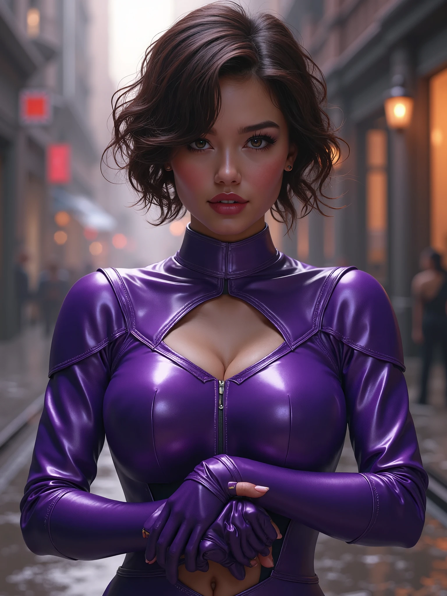 three girls, masterpiece,best qualtiy,hdr, hyper HD, 8K,Bokeh,Ultra-fine painting,Sharp focus,Physically-based rendering,Extreme detail description,portraitures,full-body photo,back turned at viewer, (long bob_cut hair), Sexy smile, choker, (latex suit:1.2), (in sunset light:1.2), (kissing:1.2), perfect eyes, perfect hands, perfect body, perfect hair, (Big breasts:1.4), (smile:0.95), dark hair, choker, (black eyeshadow:1.2), (red lips:0.90), (EOS R8, 50 millimeters, F1.2, 8K, RAW photo:1.2), photograph by arny freytag