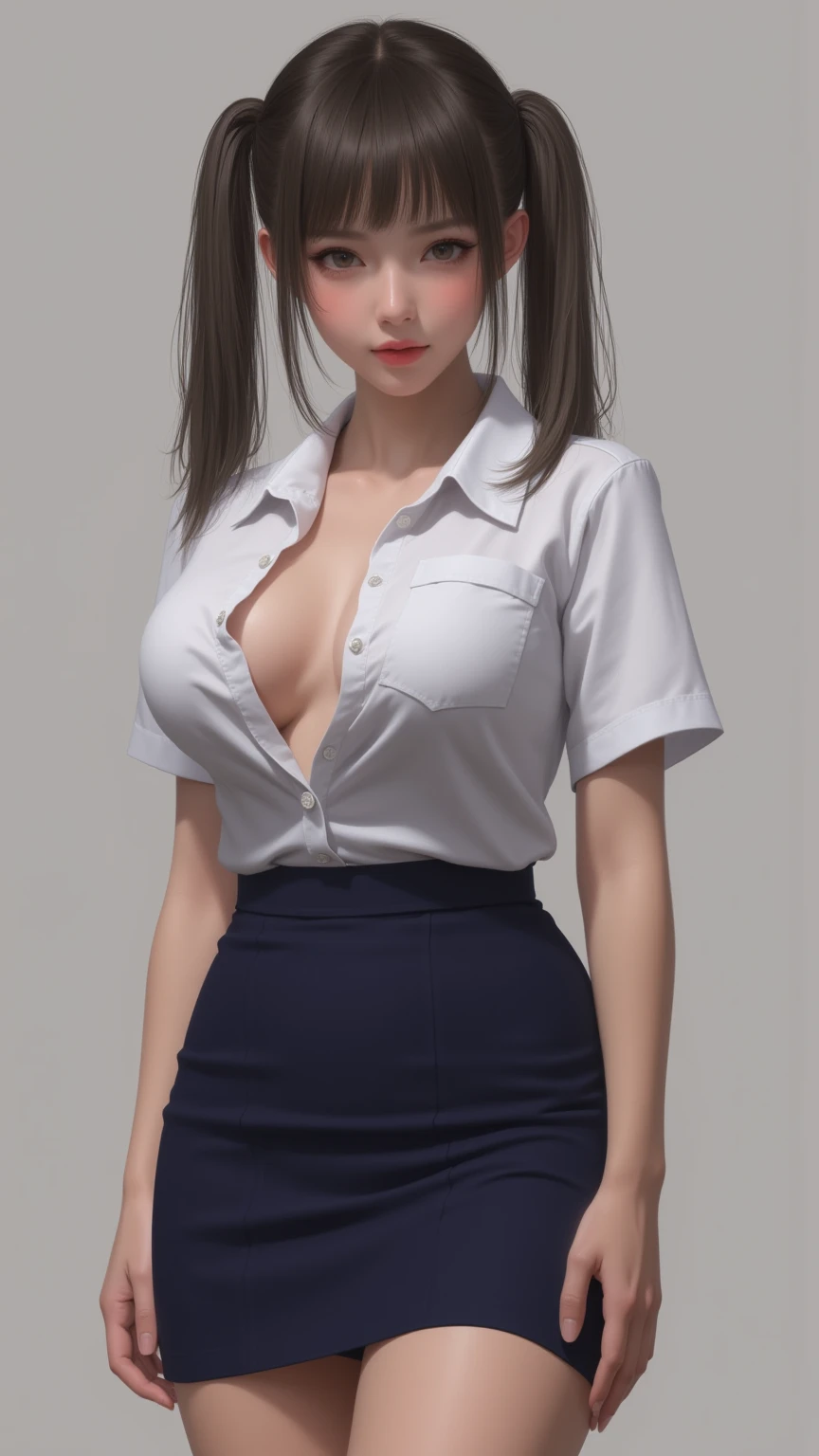 Best quality, super detail, masterpiece, fine detail, high resolution, portrait, 8k wallpaper, realistic details, clothing details, skin details, detailed eyes, photoshop \ (medium), slim body, 1 girl, 20 years old, beautiful eyes, bare skin, well-formed face, bangs, blunt bangs, huge, wearing school uniform, wearing a white shirt, (pleasant look), mouth open, navel visible, bedroom, close-up, on sofa, wearing short skirt, college girl, twin tails, brown hair, glasses, cleavage visible