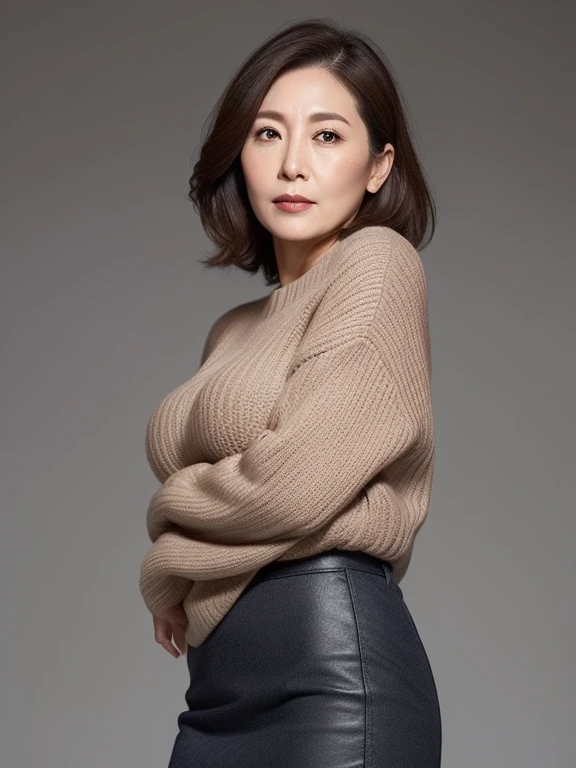 hight resolution, high-level image quality, high detailing, ​masterpiece, Textured skin, tre anatomically correct, sharp, greybackground((japanese mature, 50 years old)), 独奏, ((Wrinkles on the face)), large breasts with good shape, Light brown straight hair that reaches to the shoulders, chubby figure (((Stand upright facing the center of the screen))), Close your mouth and look straight ahead with a serious face, Sweaters, skirt by the, ((cowboy  shot)),