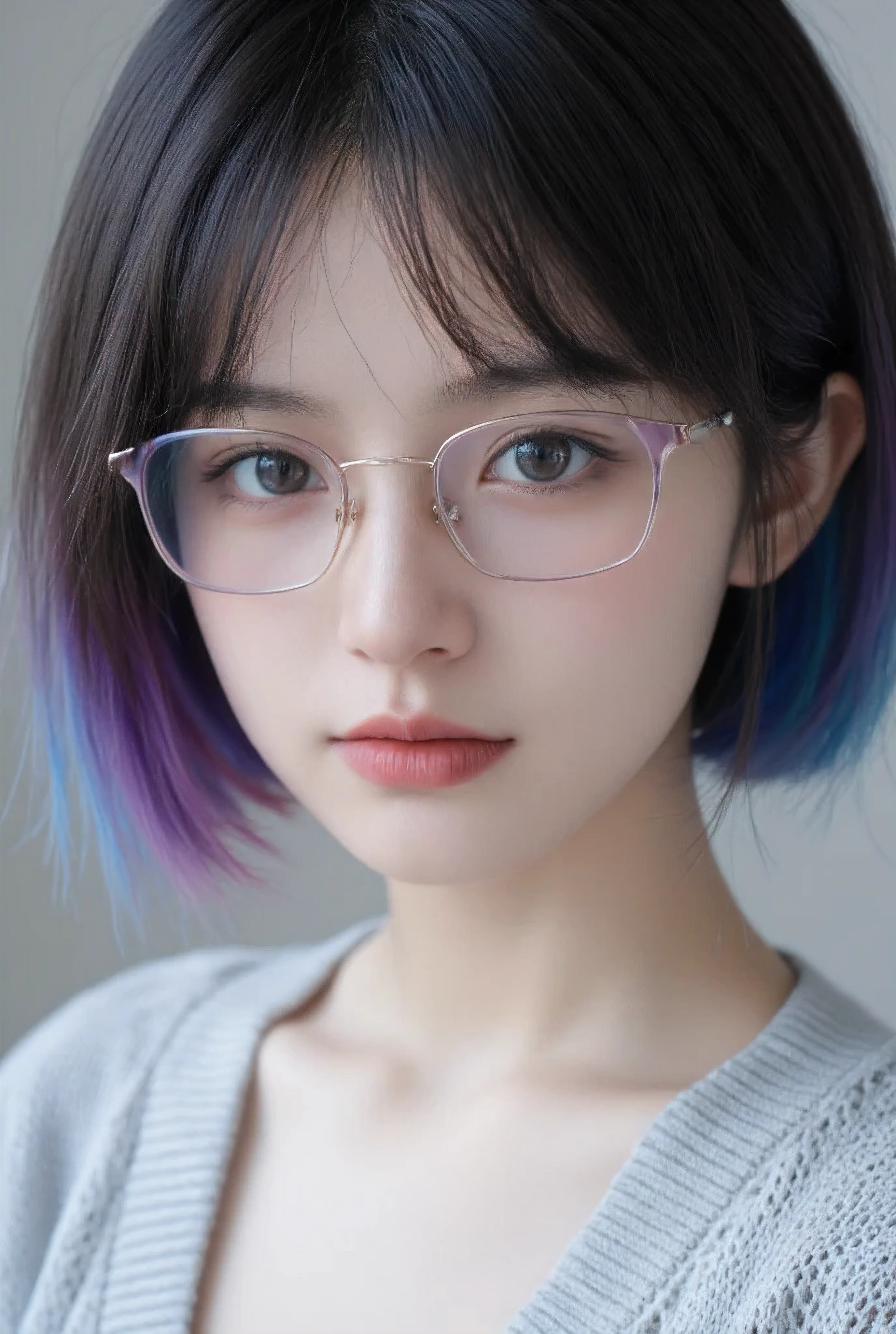 Close-up view of a young girl, -, with a cute yet elegant appearance. She has a slender, youthful face with soft, delicate features, and her expression is calm and thoughtful. Her skin is smooth and radiant, with a subtle glow enhanced by natural light that gently highlights her face. Her hair is styled in a thick Korean bob, ending just above her shoulders, with a smooth, slightly inward curve at the ends. The hair is a striking blend of black, brown, purple, and blue tones, creating a soft yet vibrant gradient that harmonizes beautifully with her accessories. Her bangs are soft and even, gently brushing her eyebrows, with slightly layered sides framing her delicate features. Resting atop her head is a rectangular pair of glasses with a normal, thin border. The lenses are tinted in a gradient of purple and blue, matching her hair and adding a cohesive, playful charm. The glasses are worn like a headband, providing a stylish and unique touch to her look. The top of her outfit is a soft, light gray cardigan layered over a simple white blouse, with the cardigan's texture clearly visible. The background is softly blurred into neutral tones, keeping the focus on her lifelike expression and detailed features. The natural light enhances the depth and texture of her hair and skin, perfectly capturing her youthful charm and individuality.