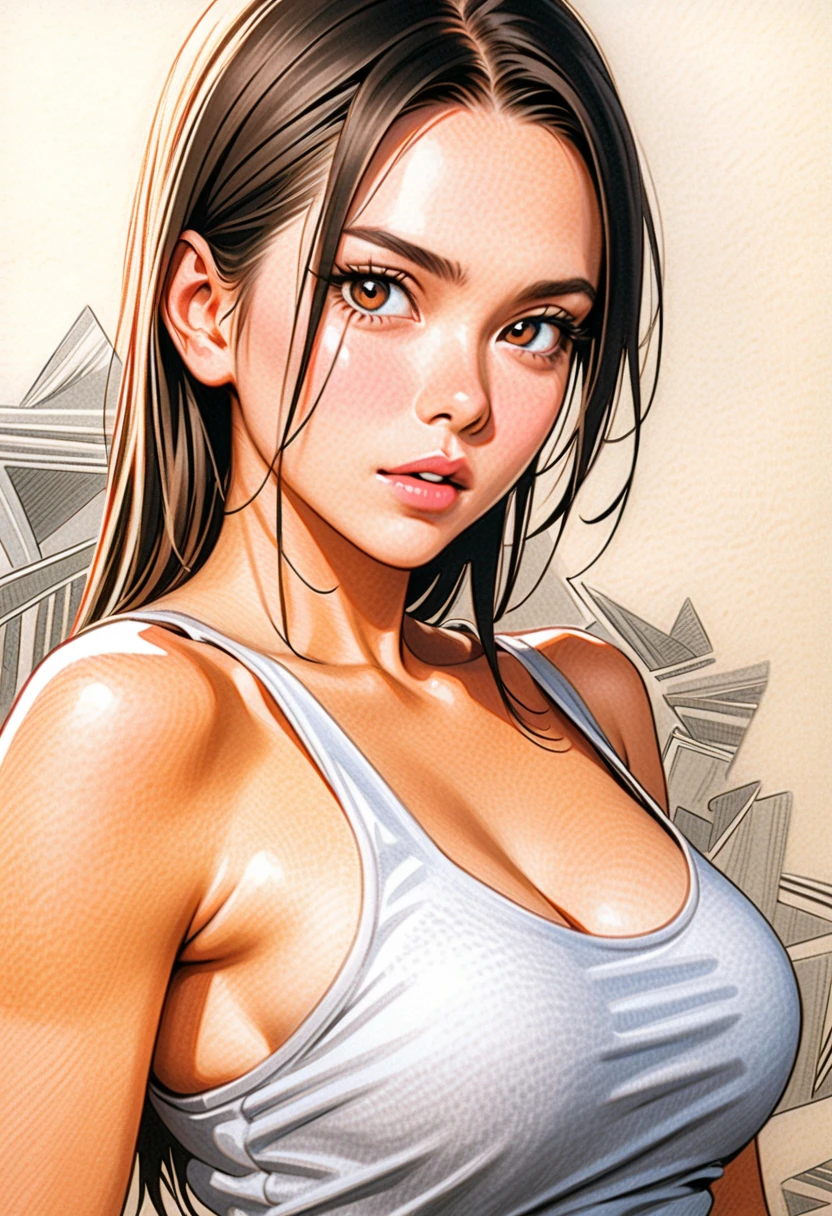 milf,crop shirt,white,Art,colour pencil drawing,ink painting ,sensual,anglo-saxon woman
