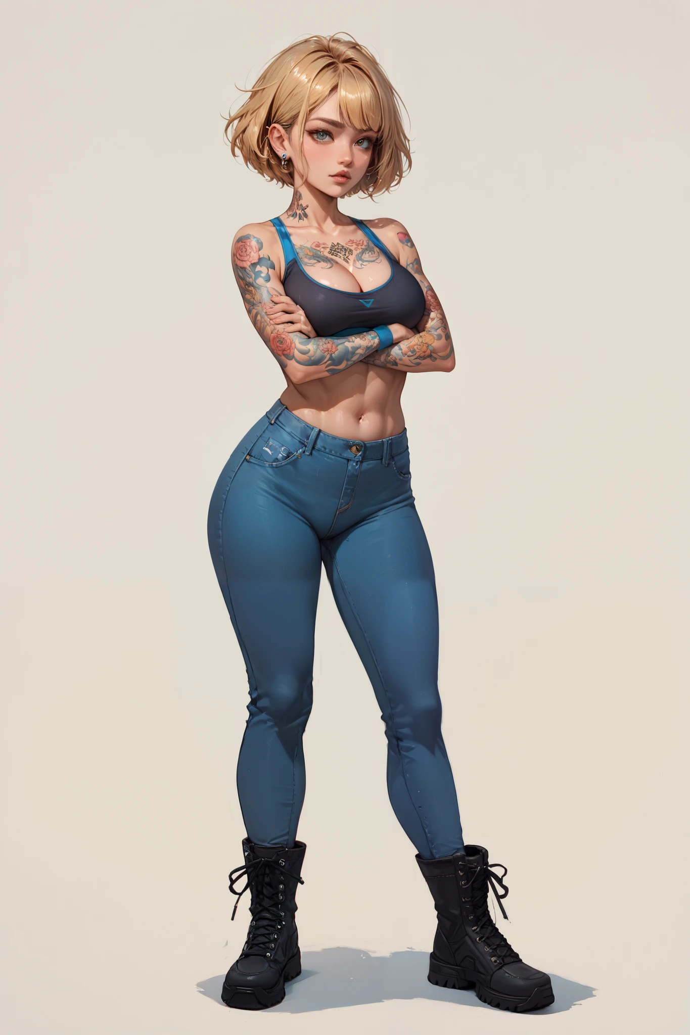 A heterosexual blonde girl with short hair and big breasts and very feminine tattoos on her arms and chest, full figure wide hips with arms crossed standing , sports bra , Blue Jeans, high boots , anime style