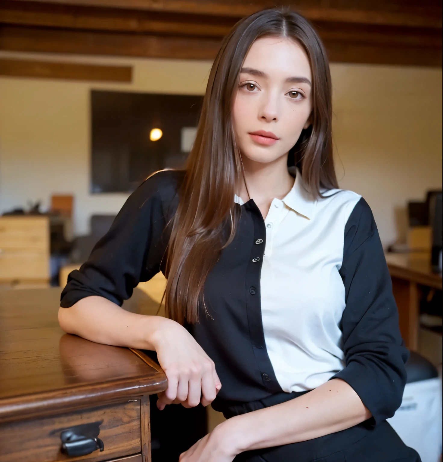 Beautiful woman with real AI, raw (( ((secretary at desk:1.4))), (Highly detailed skin: 1.5), Detailed eyes: 1.0, High quality lighting: 1.5, Beautiful, (black polo shirt, long skirt, Model legs: 1.5, (High class: 1.8), (Realistic: 1.4), (High quality real skin texture: 1.4), (Beautiful skin texture enhancement: 1.1) Well detailed eyes, Good quality eyes, Standing, 35 years old, Perfect body beauty: 1.4, Desire body: 1.2, Body that arouses passions, Her complexion must be impeccable, Shows off her physical attributes, Real: 1.8,, (zoom out: 1.4 ), (best quality)), , (detailed), perfect face, long hair, (textures!, hair!, Brightness!, Color!, Specular lighting, DSLR, Quality Ultra, Sharp Focus, Crystal Clear, Very Sharp and Real Clothes Texture, Real Skin Texture, ((masterpiece)), Light Hair, Relaxed Arms