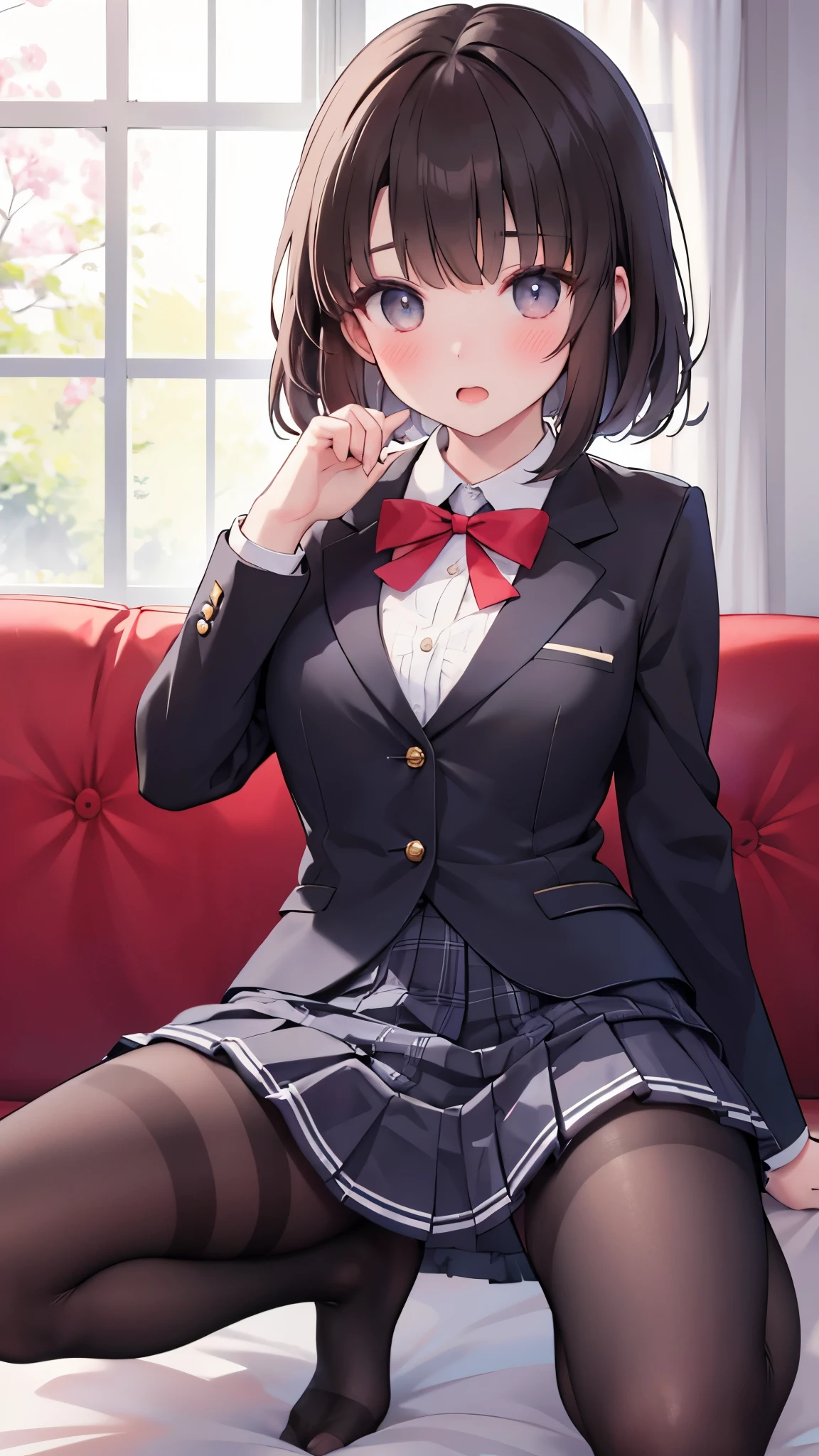 finest, masterpiece, High resolution, (Full body view from head to toe), Composition from slightly below the front, Symmetrical, 18 years old, slim and beautiful girl, alone, (small breasts), (not wearing shoes),Unkempt brown hair, bangs, (black tights), (black pantyhose), tied up with both arms hidden behind the back, , blush, shy big eyes, looking at camera, blazer uniform, plaid pleated skirt、Panties around ankles、Black knee-high socks、Spread your legs、Exposing the breasts、Bare your breasts、Panties around ankles、pussy big dildo