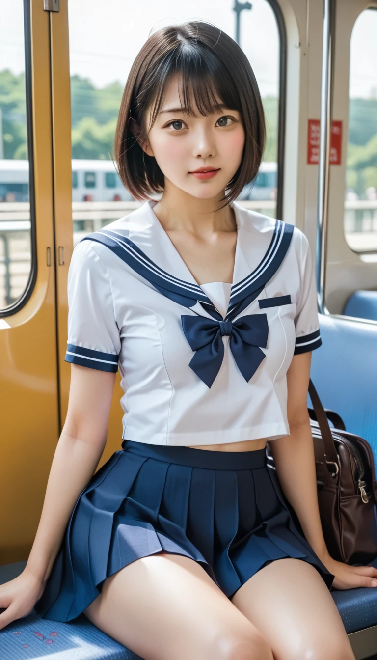 photorealistic, Ultra-detailed, (best quality, 8k, 32k, masterpiece, UHD:1.2), Photo of 22yo beautiful Hungarian woman taken by professional photographer, school hallway, ((walking)), summer sailor costume, short sleeve, sailor collar, bowtie, pleated mini skirt with panties, medium hair, skinny, small breasts, navel,