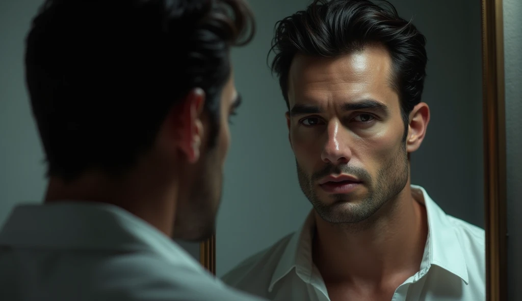 There is a man who looks in the mirror, filme ainda 8K, Retrato tirado 8 K, foto retrato suave 8 k, Directed by: Etienne Delessert, homem bonito, fazendo o olhar bateman, Cor ainda, dramatic cinematic portrait, inspirado em Carlo Mense, inspirado em Bertalan Karlovszky, beautiful man, olhar :: octan render