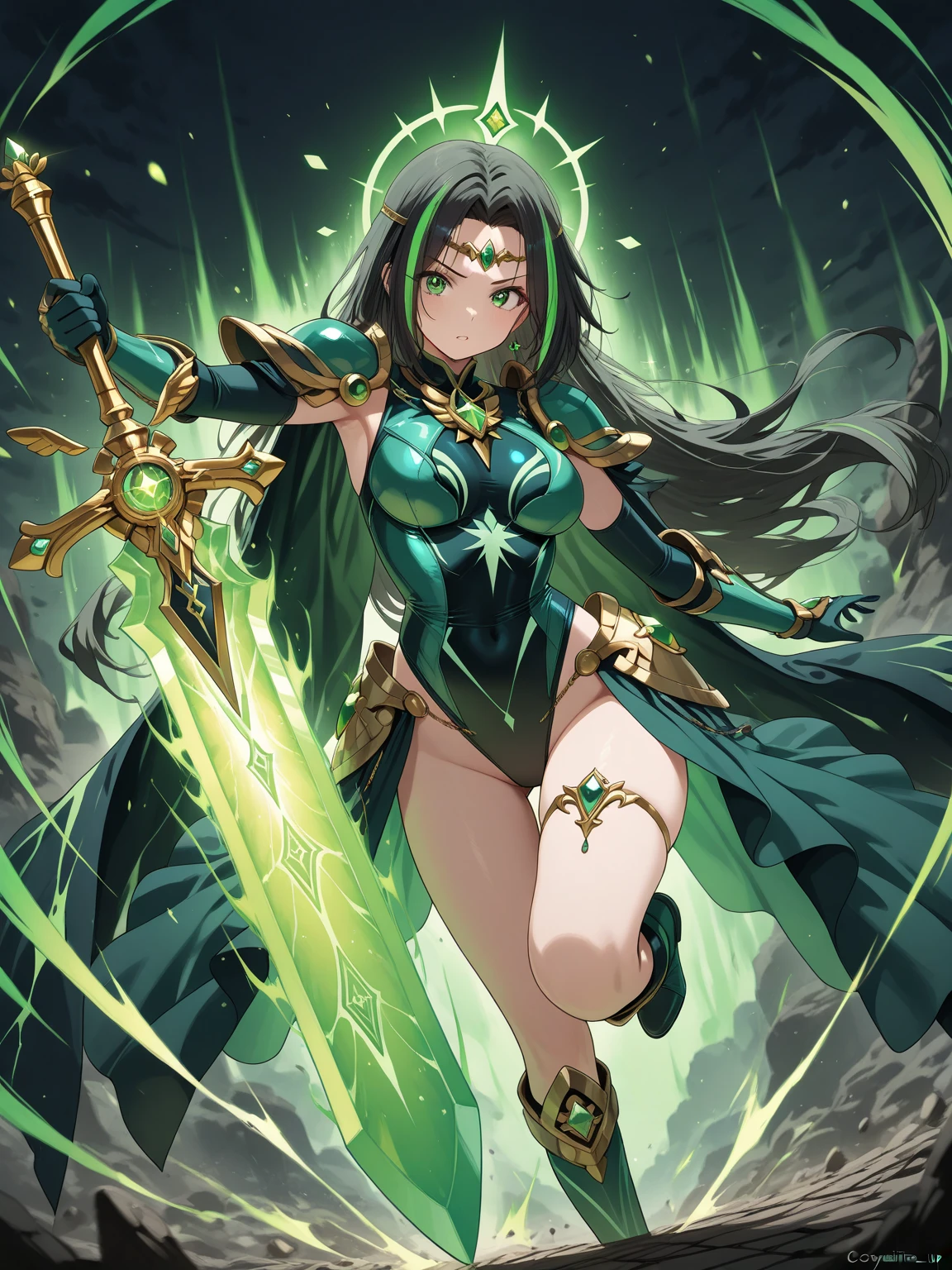 masterpiece, high res, detailed face, detailed eyes, 1 girl, solo, long hair, black hair, blue eyes, pointed ears, green dress, standing, mechanical golem, shooting lasers <lora:yuit:1>