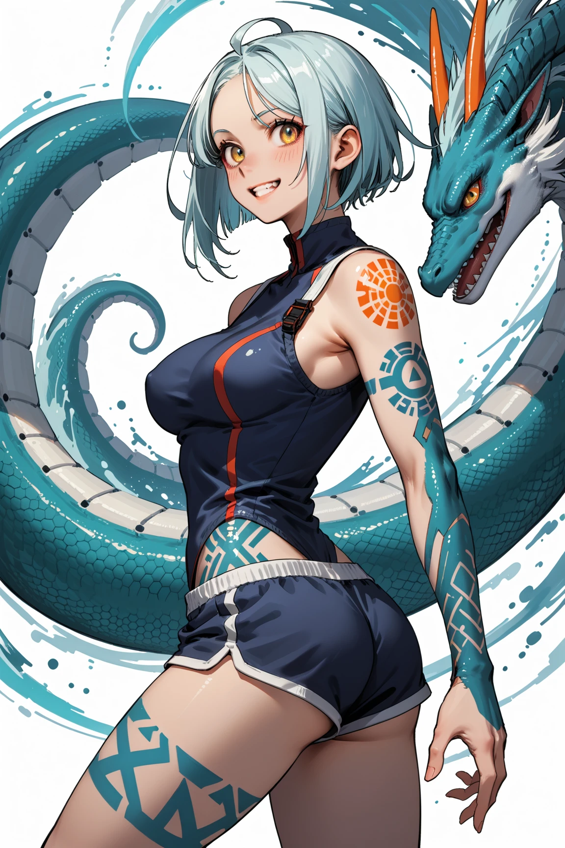 ninja girl. She is a reptilian element. Two serpents jump from her back.waltz pose.fishnet tights. A sharp accessory on the head. Aqua splash. Blue hair.