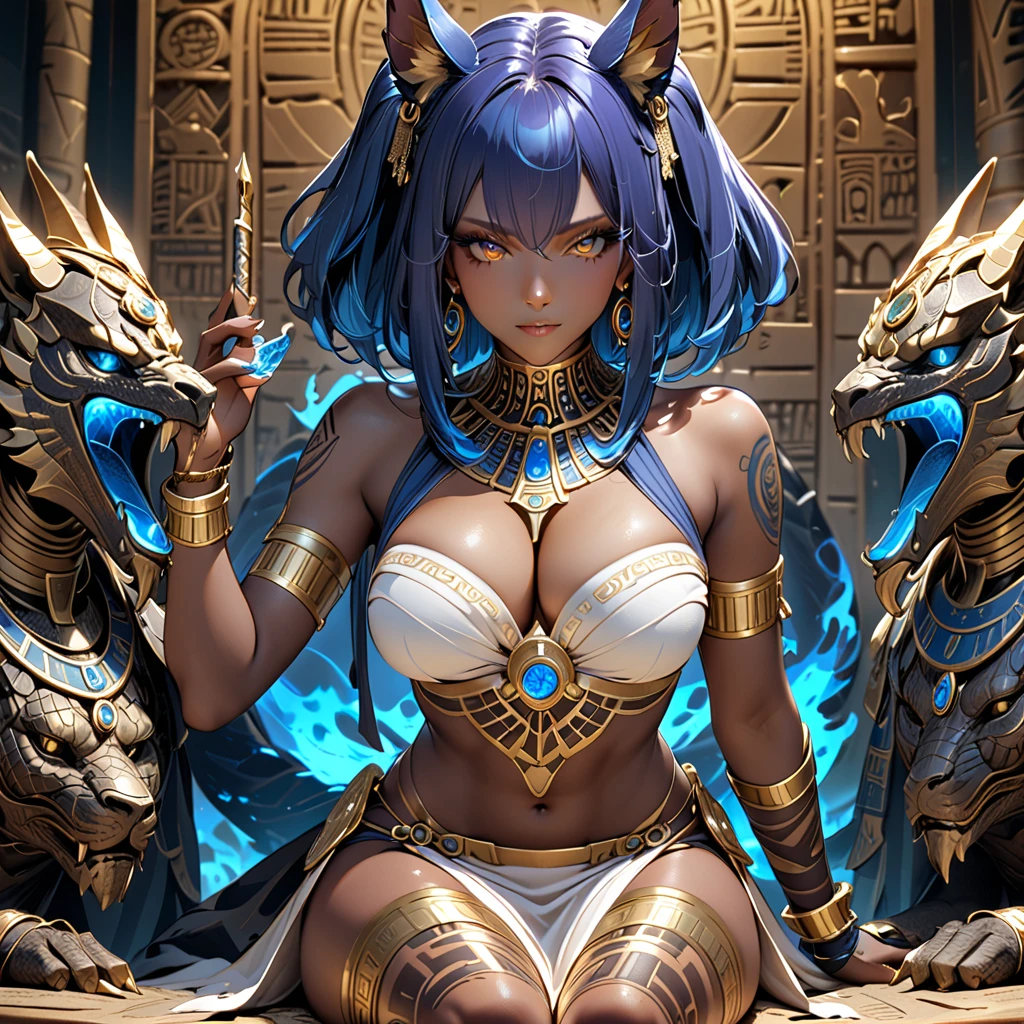 (masterpiece, best quality, highres:1.2), ultra-detailed, photorealistic anthropomorphic animal, Pharaoh, Egypt, Bastet, Egyptian goodness, pharaoh woman, cat girl, cat sphinx, onyx skin, monstergirl, furry, detailed body, detailed hands, correct fingers, Egyptian-themed bedroom, luxurious silk, golden jewelry, mesmerizing red eyes, mysterious aura, sharp claws, long nails, vibrant colors, best quality,4k,8k, highres, masterpiece:1.2), ultra-detailed,