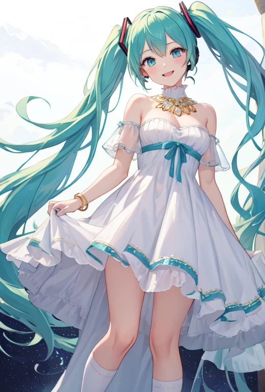 highest quality, masterpiece, High resolution, alone, (Hatsune_Miku_Blue Archive:1.10), One girl, White Dress, Exposing shoulders, smile, Strapless Dress, whole body, View Viewer, Green Hair, Floating Hair, Are standing, White knee socks, bracelet, Green Eyes, See-through dress, Mouth closed, Gold border, Ridiculously long hair, White background, White footwear